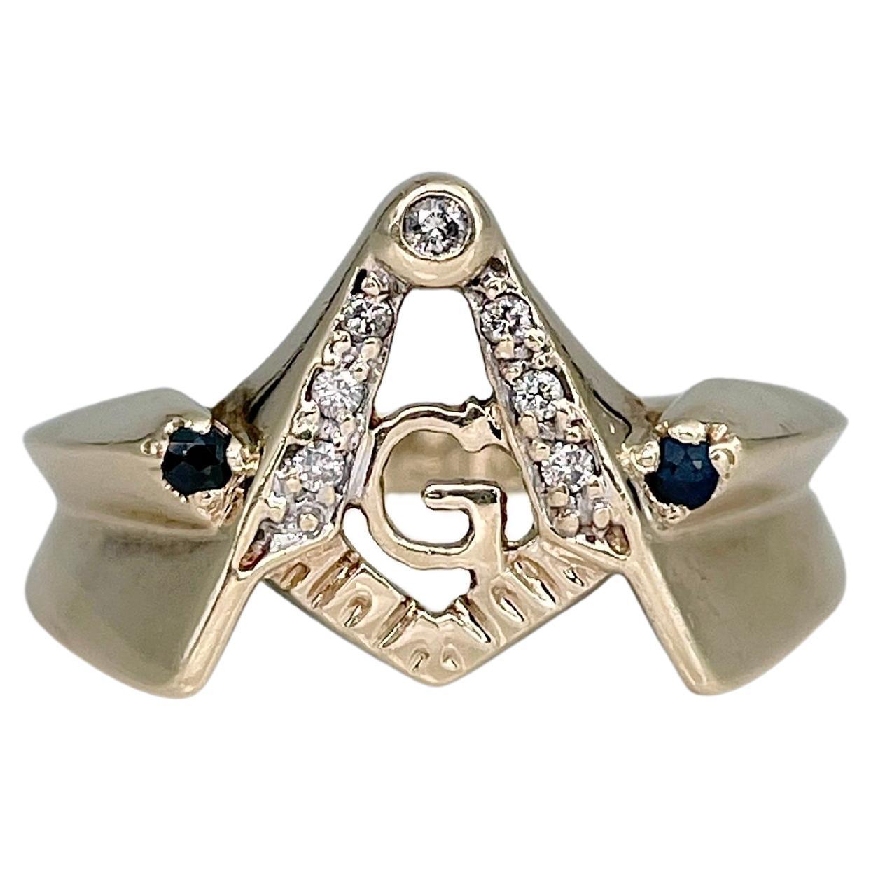 Masonic 10 Karat Gold Diamond Sapphire Square And Compasses Ring