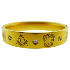 Masonic 10k Yellow & Rose Gold & Cushion Cut Diamond Bangle Bracelet circa 1900s
