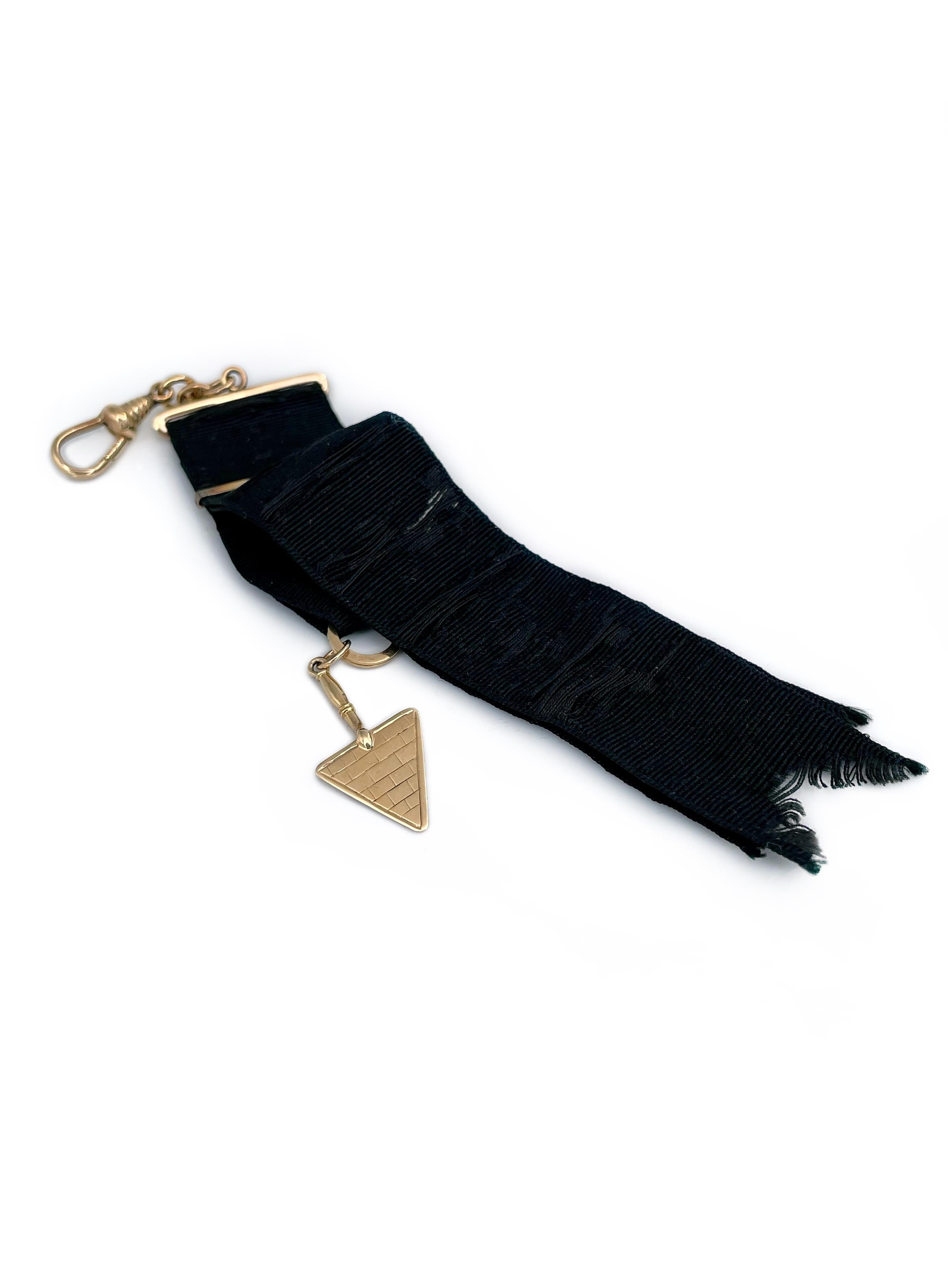 Women's or Men's Masonic 18 Karat Gold Trowel Square Compasses Enamel Black Ribbon Fob Pendant For Sale