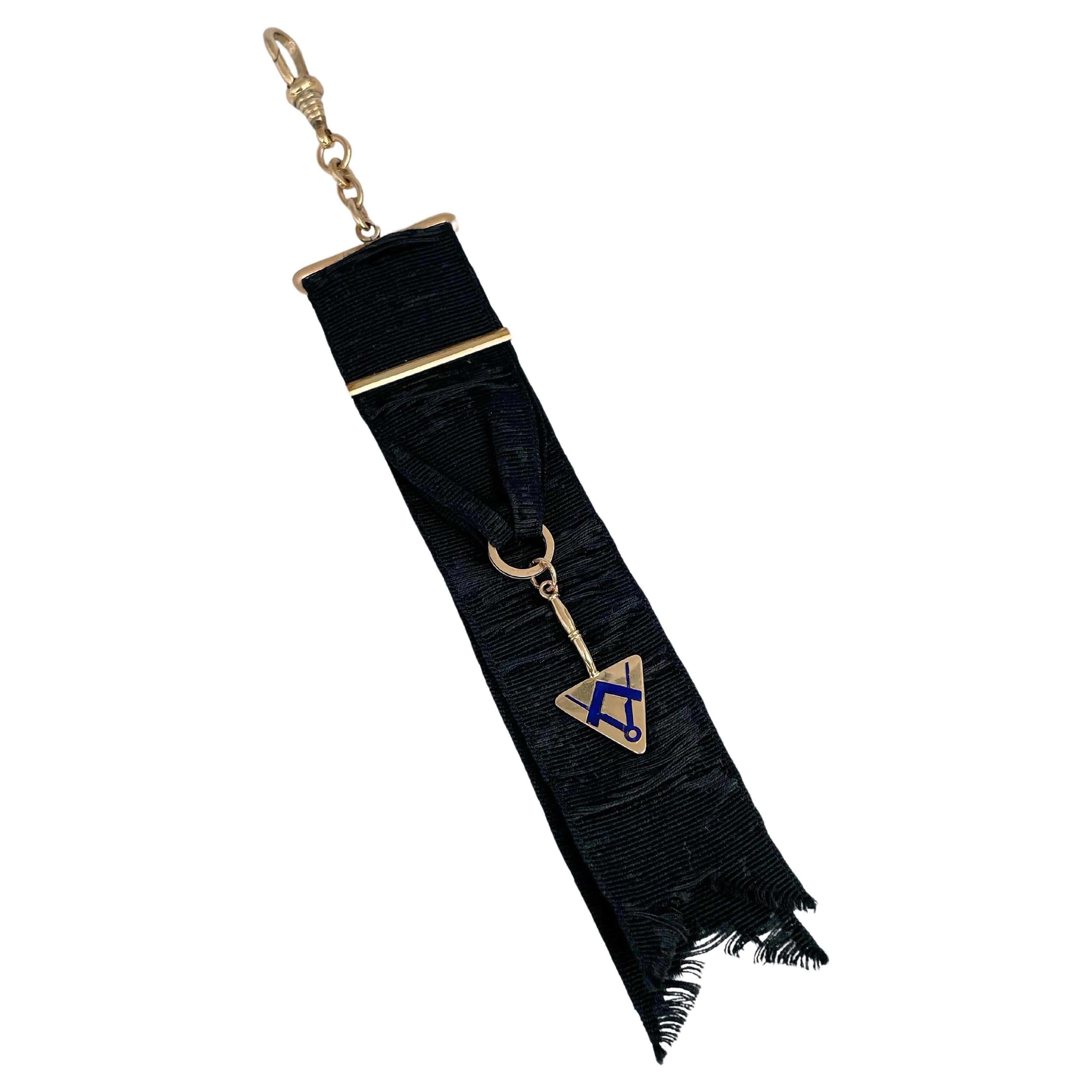 Masonic 18 Karat Gold Trowel Square Compasses Enamel Black Ribbon Fob Pendant For Sale
