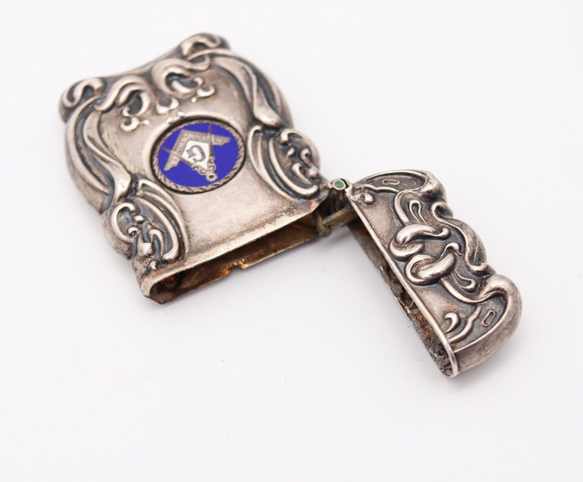 Art Nouveau MASONIC 1890 Art-Nouveau Enameled Vesta Matches Box In Repousse .925 Sterling For Sale