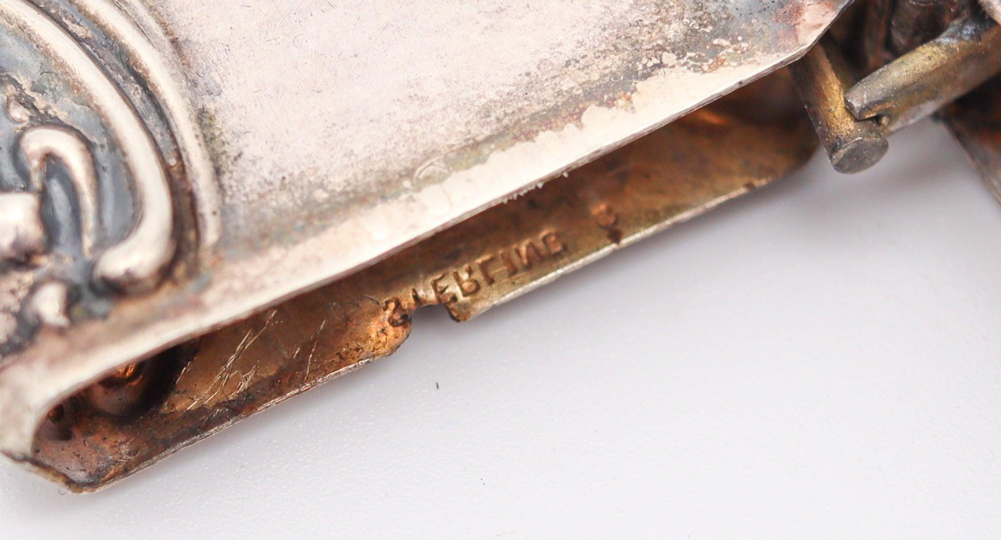 North American MASONIC 1890 Art-Nouveau Enameled Vesta Matches Box In Repousse .925 Sterling For Sale