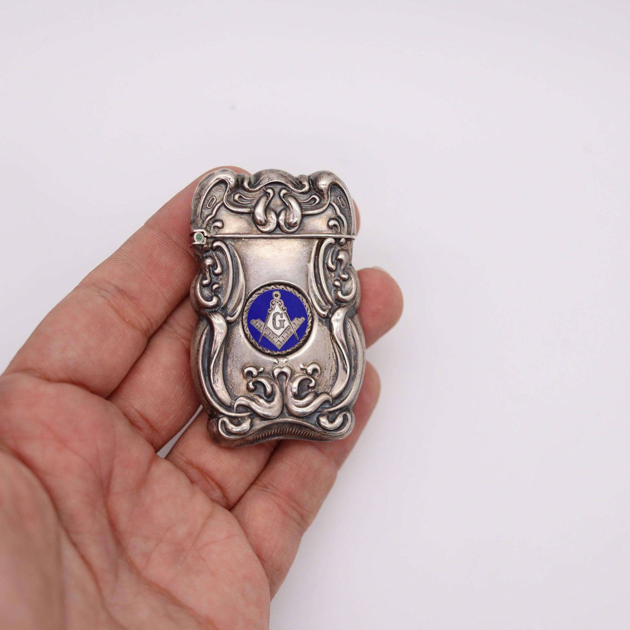 MASONIC 1890 Art-Nouveau Enameled Vesta Matches Box In Repousse .925 Sterling In Excellent Condition For Sale In Miami, FL