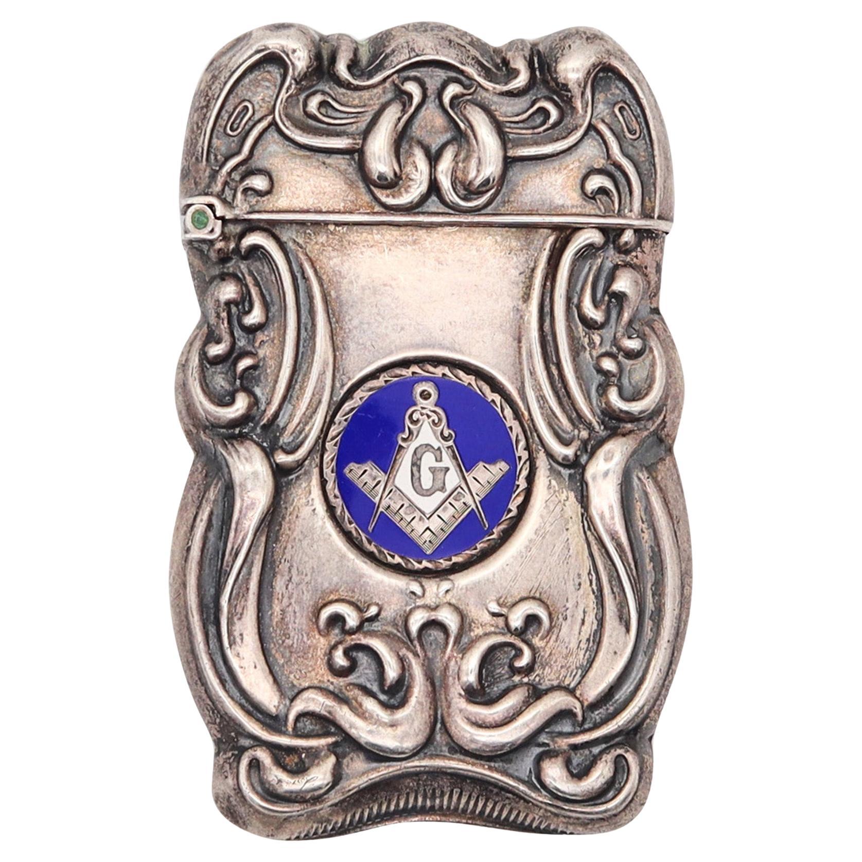 MASONIC 1890 Art-Nouveau Enameled Vesta Matches Box In Repousse .925 Sterling For Sale