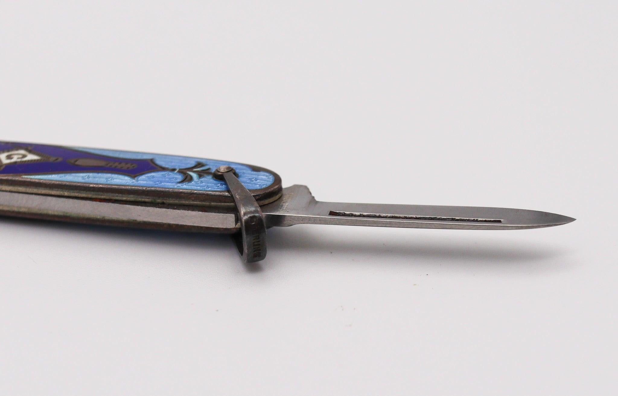 MASONIC 1930 Guilloche Blue Enameled Pocket Knife In Sterling Silver 5
