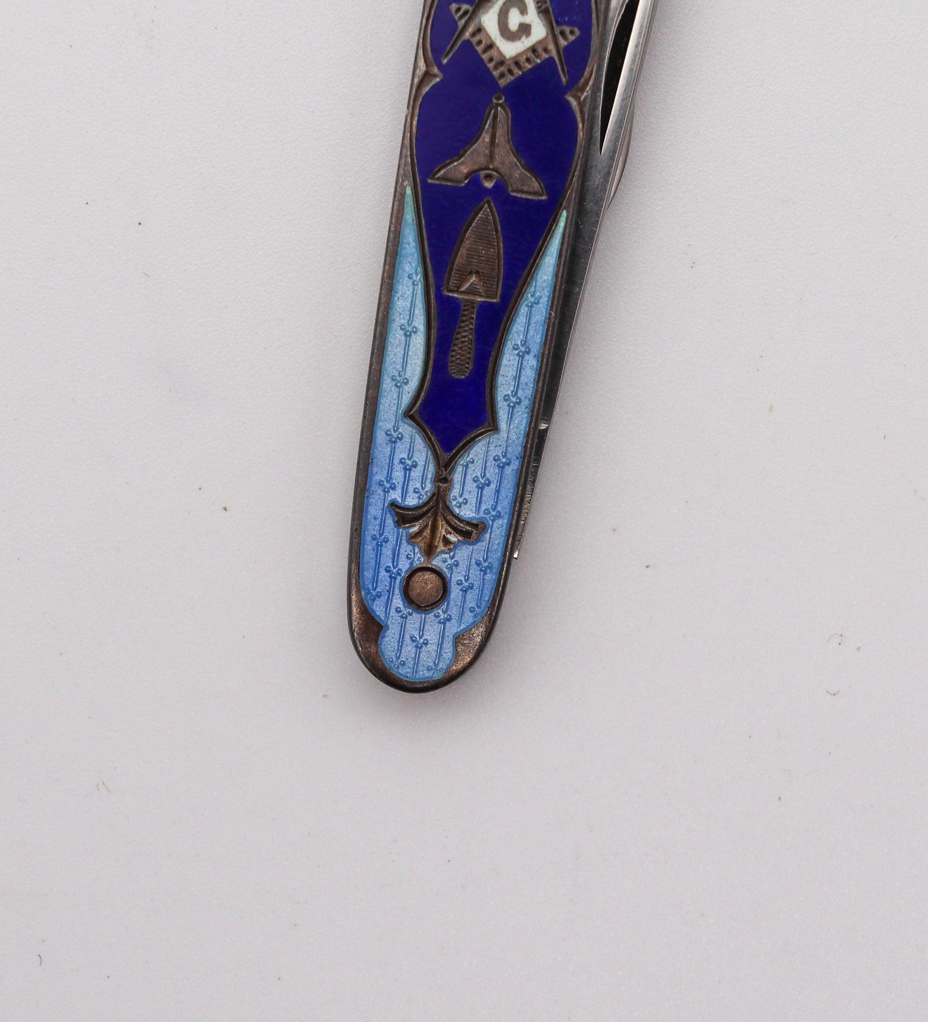 MASONIC 1930 Guilloche Blue Enameled Pocket Knife In Sterling Silver 6