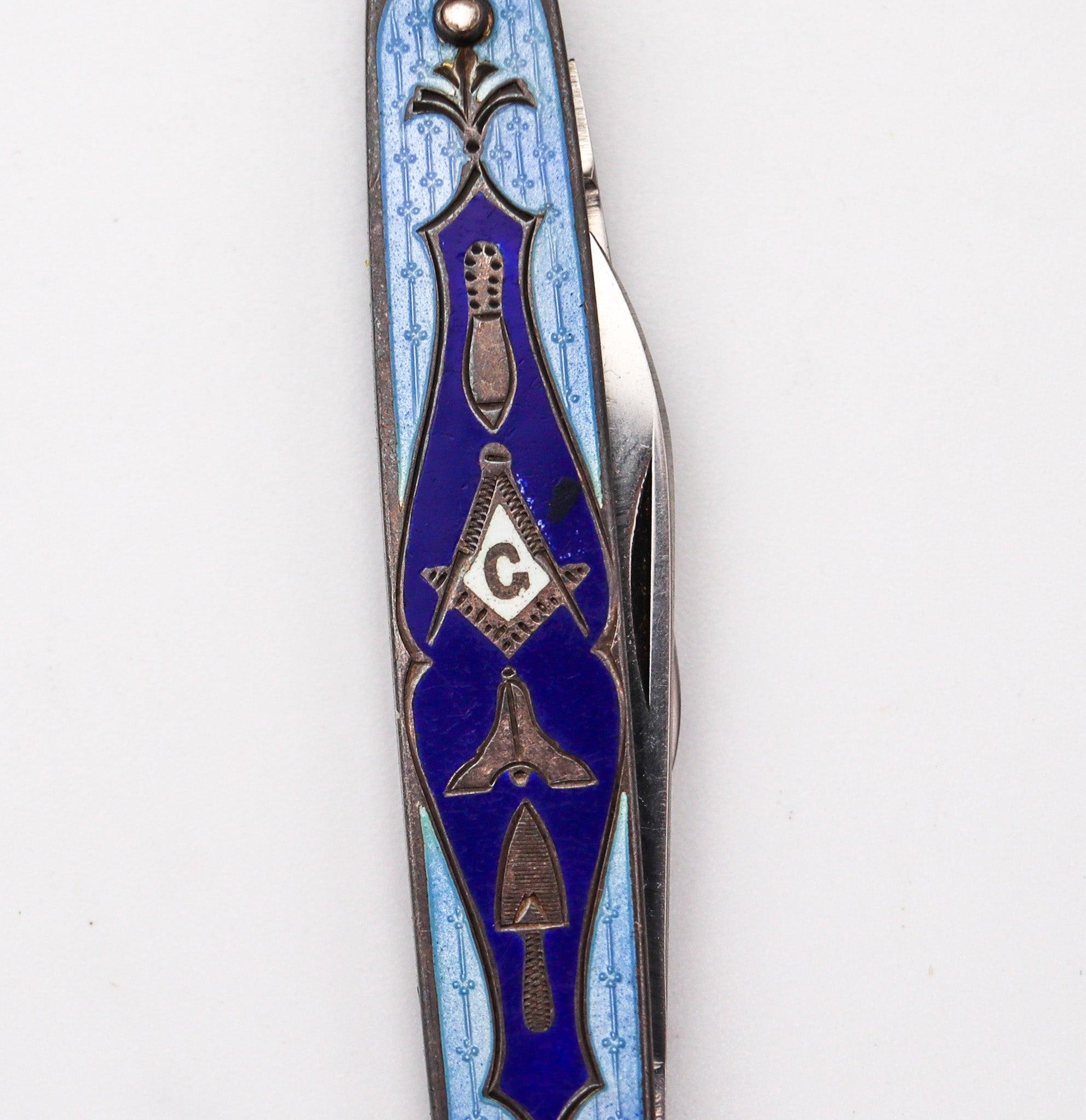 MASONIC 1930 Guilloche Blue Enameled Pocket Knife In Sterling Silver 7