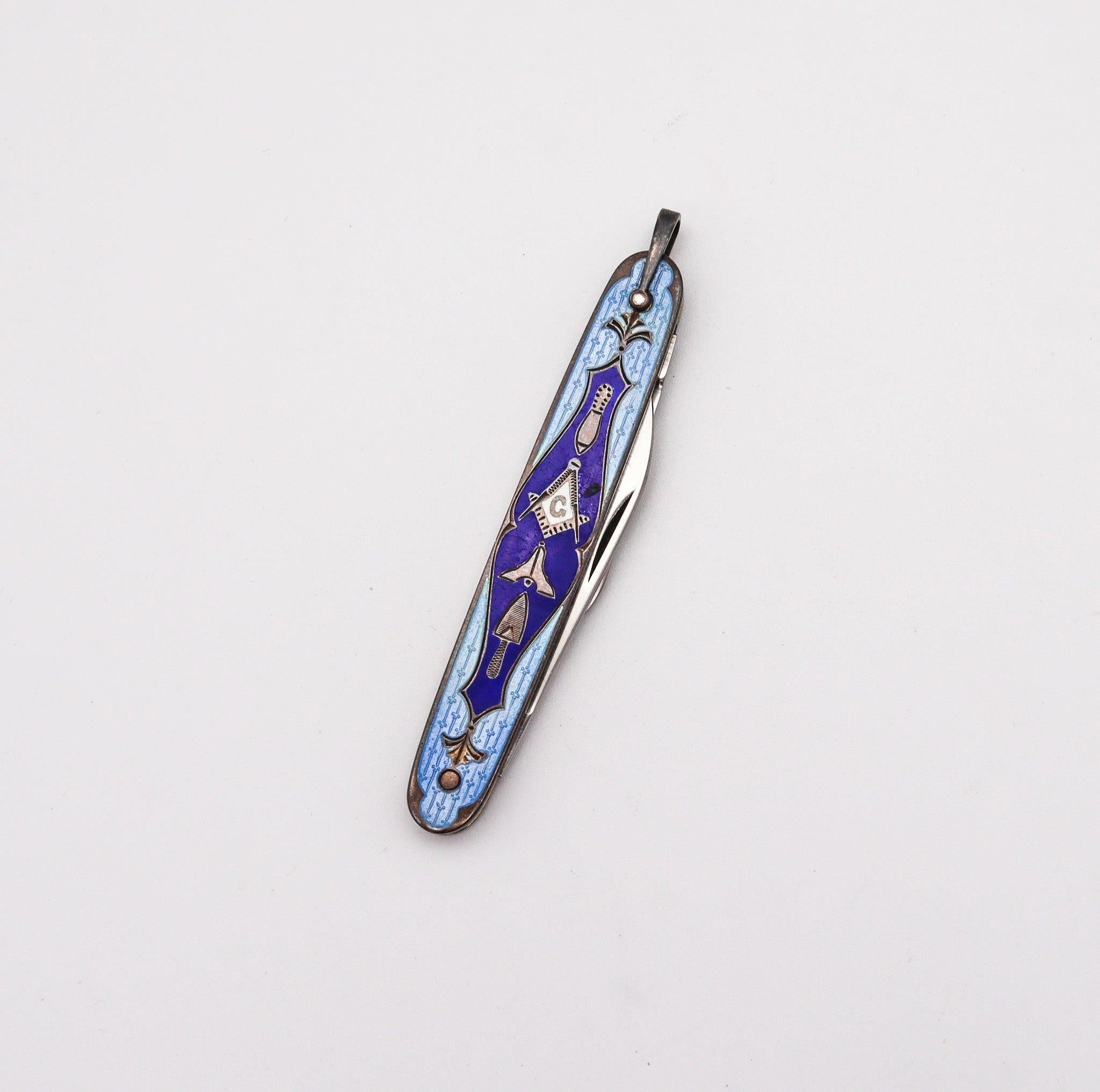 MASONIC 1930 Guilloche Blue Enameled Pocket Knife In Sterling Silver 8