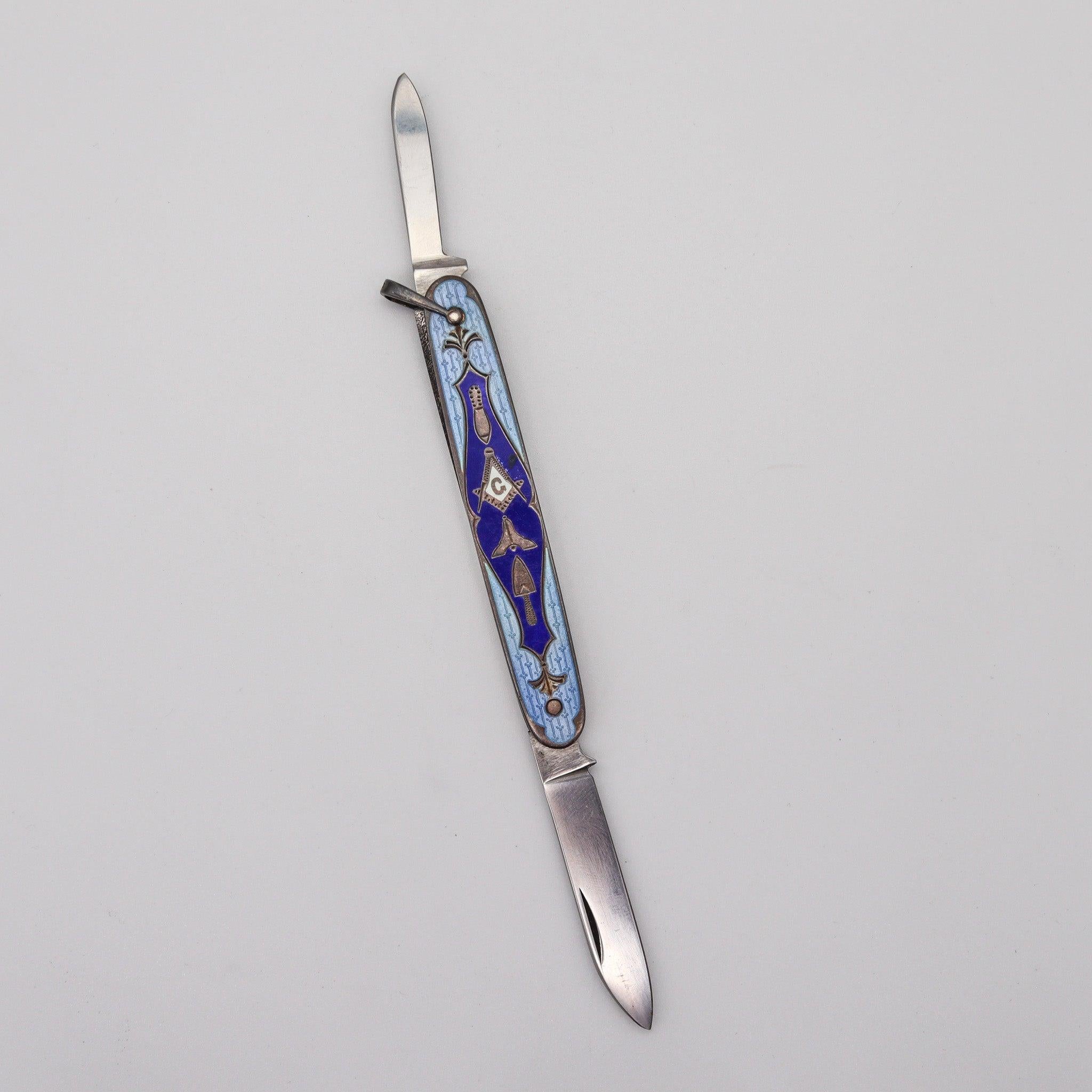 Art Deco MASONIC 1930 Guilloche Blue Enameled Pocket Knife In Sterling Silver