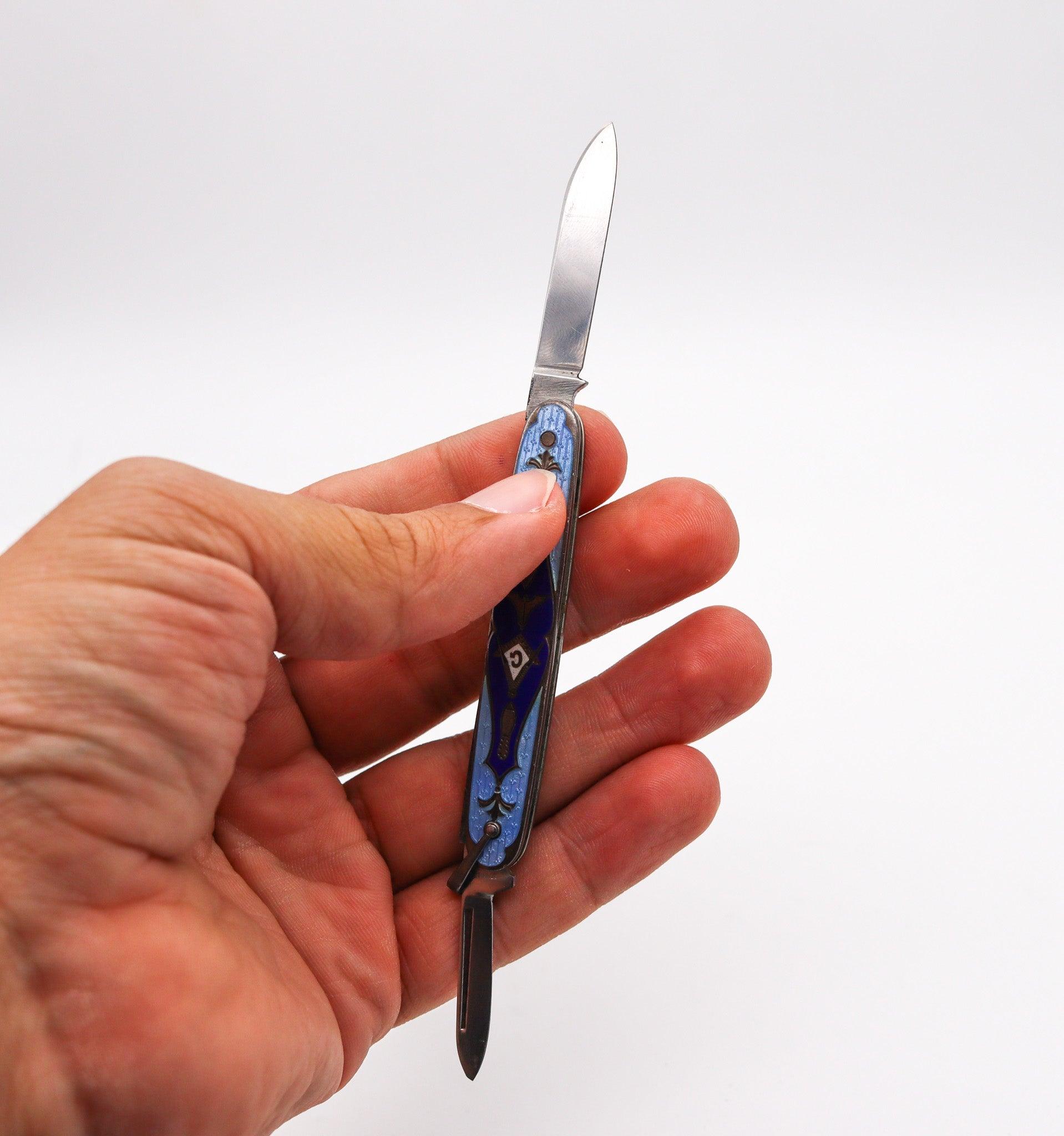 American MASONIC 1930 Guilloche Blue Enameled Pocket Knife In Sterling Silver