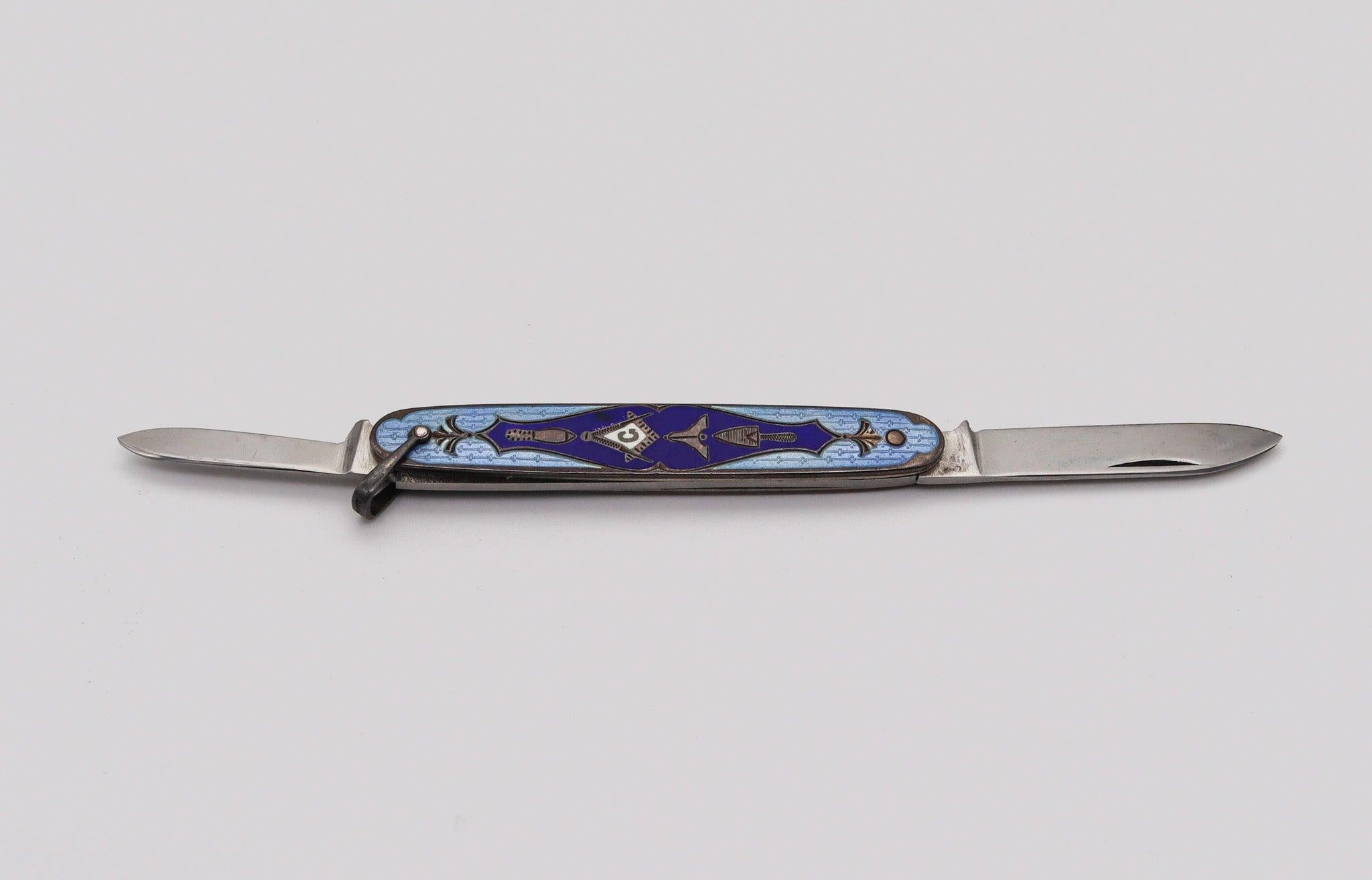 MASONIC 1930 Guilloche Blue Enameled Pocket Knife In Sterling Silver In Excellent Condition In Miami, FL