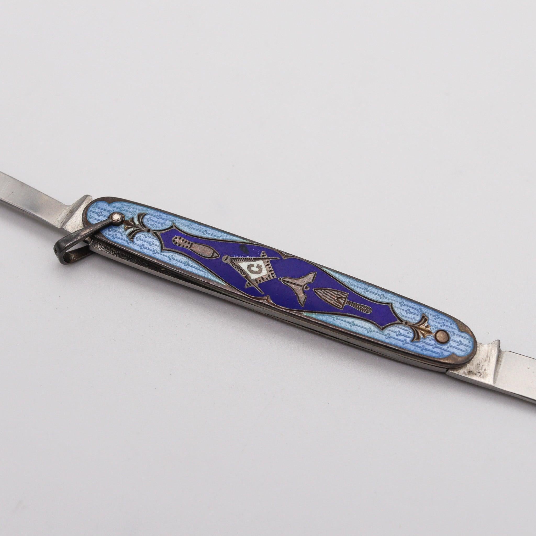 Mid-20th Century MASONIC 1930 Guilloche Blue Enameled Pocket Knife In Sterling Silver