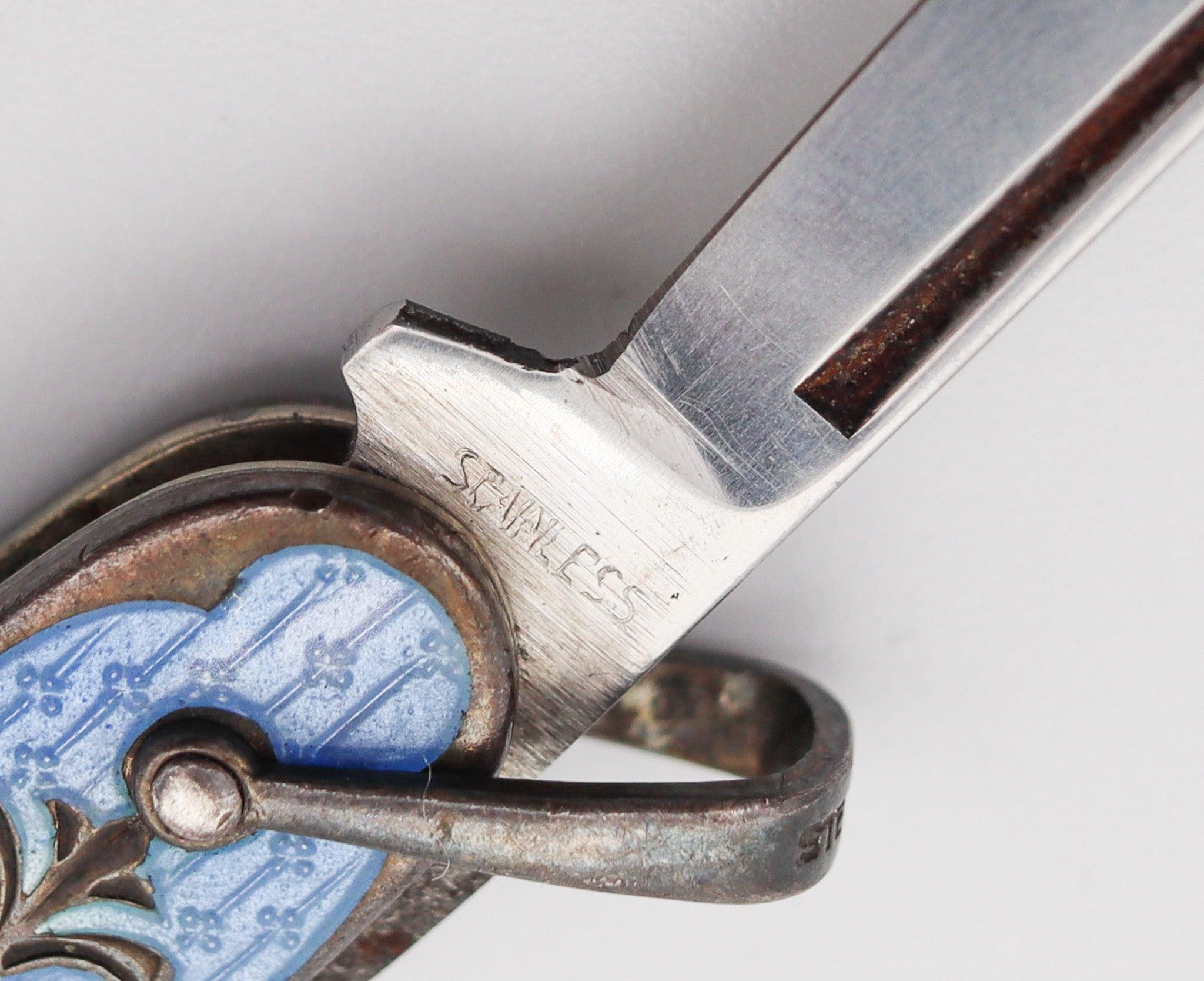 MASONIC 1930 Guilloche Blue Enameled Pocket Knife In Sterling Silver 1