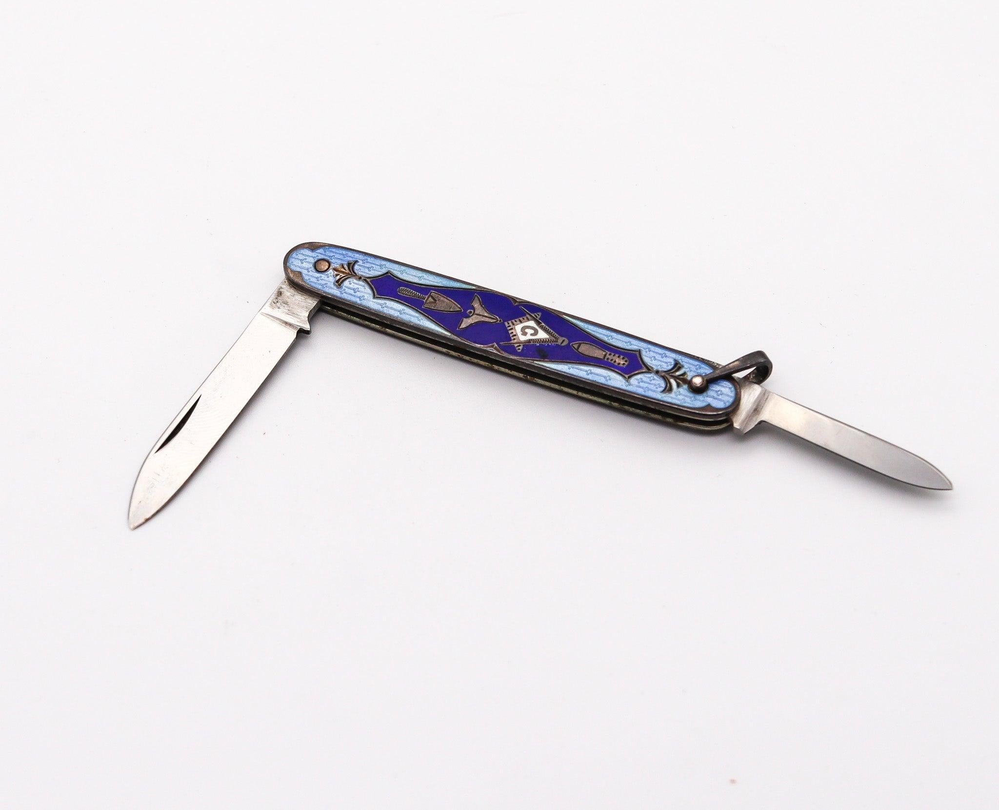 MASONIC 1930 Guilloche Blue Enameled Pocket Knife In Sterling Silver 3