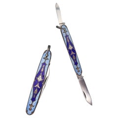 MASONIC 1930 Guilloche Blue Enameled Pocket Knife In Sterling Silver