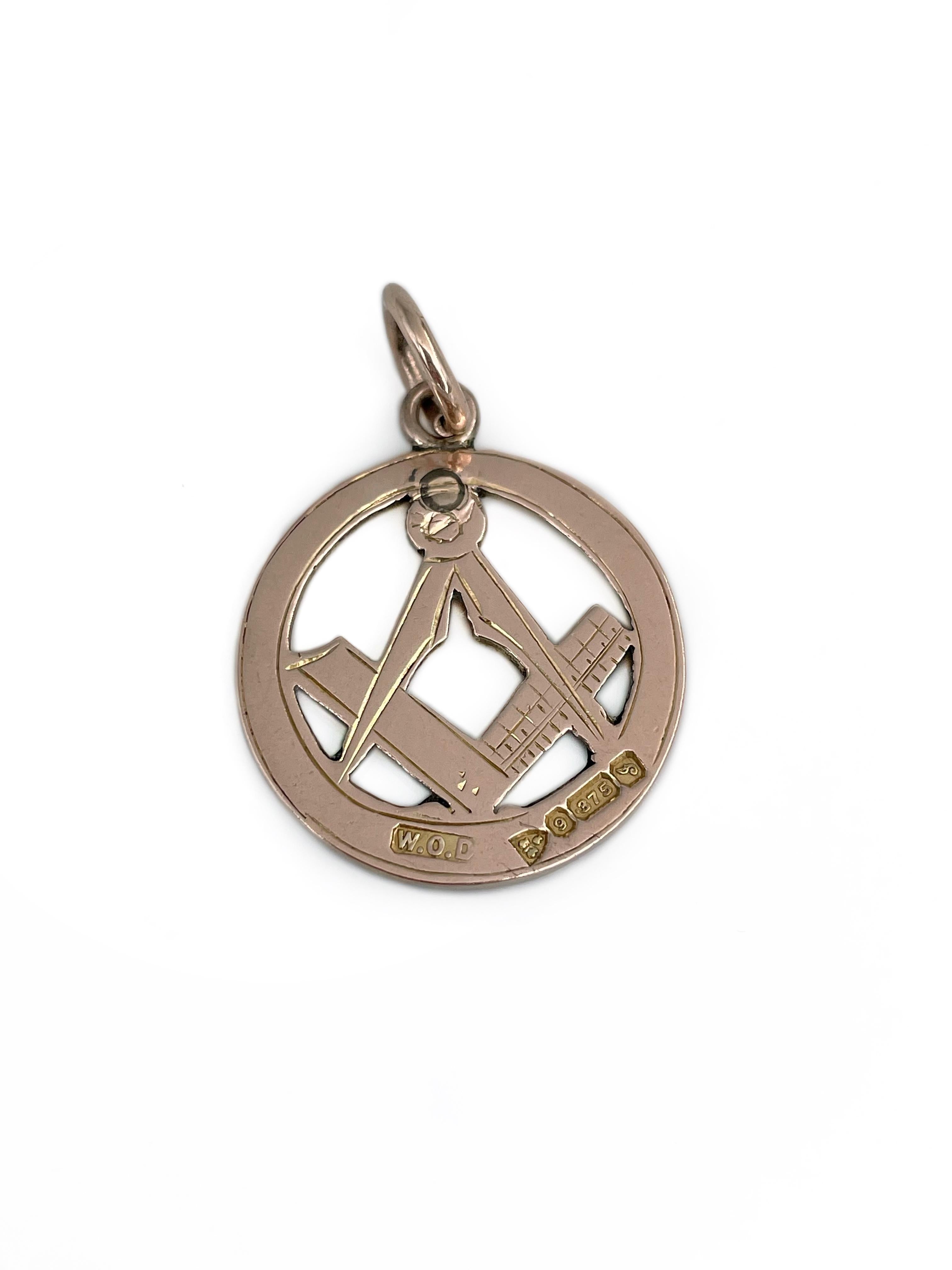 Women's or Men's Masonic 9 Karat Gold Square and Compasses Charm Pendant For Sale