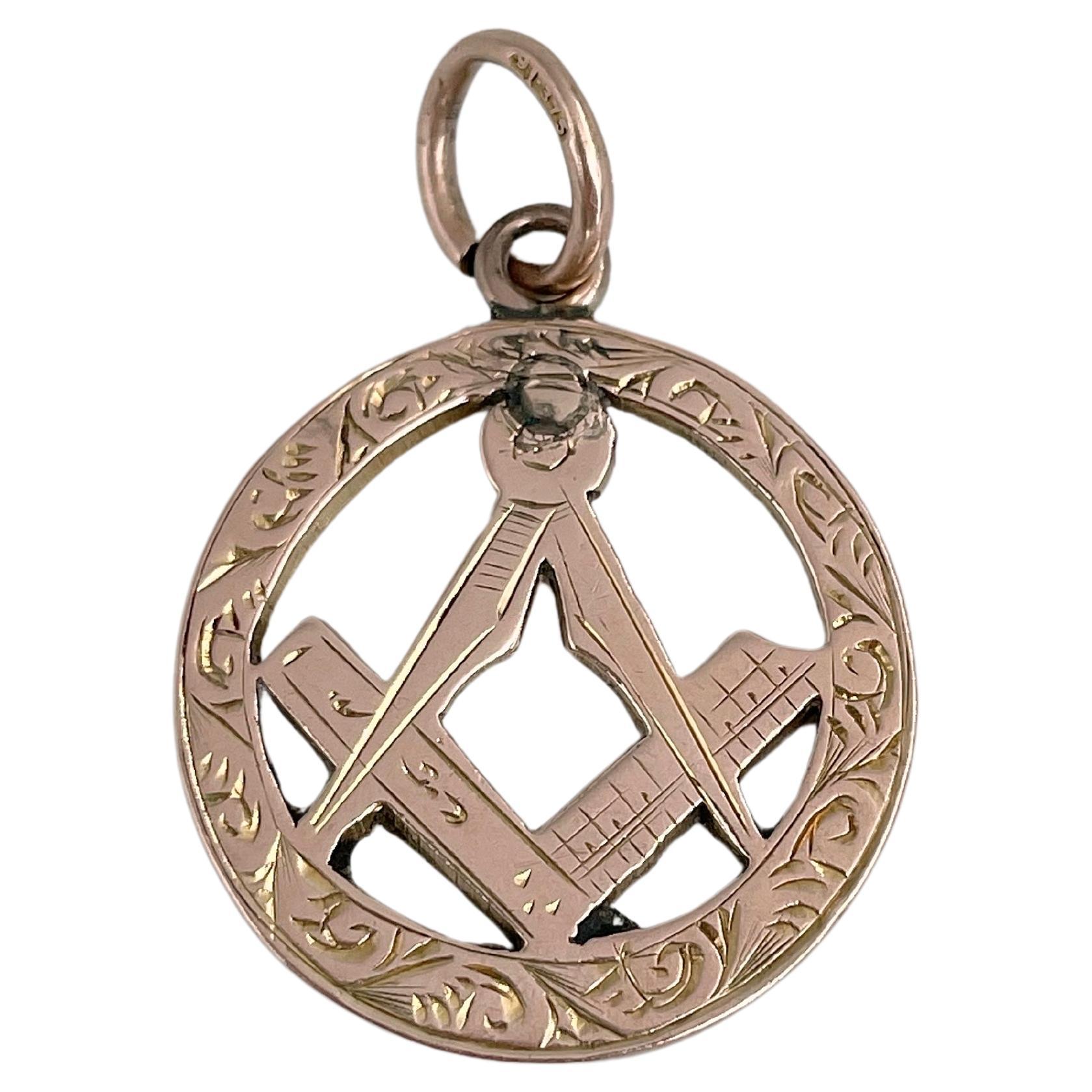 Masonic 9 Karat Gold Square and Compasses Charm Pendant For Sale