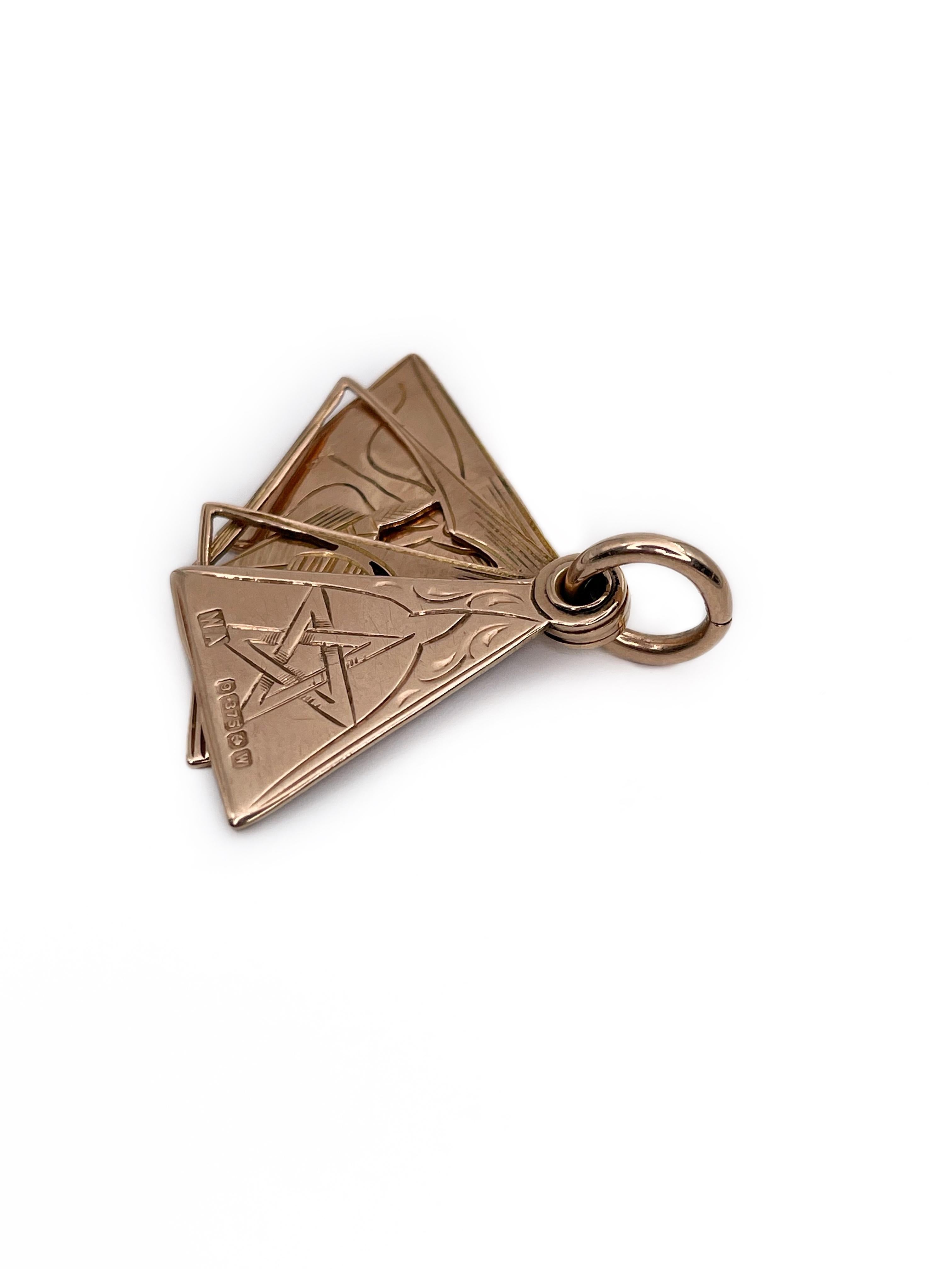 Masonic 9K Gold Four Swivel Section Triangular Charm Pendant In Good Condition In Vilnius, LT
