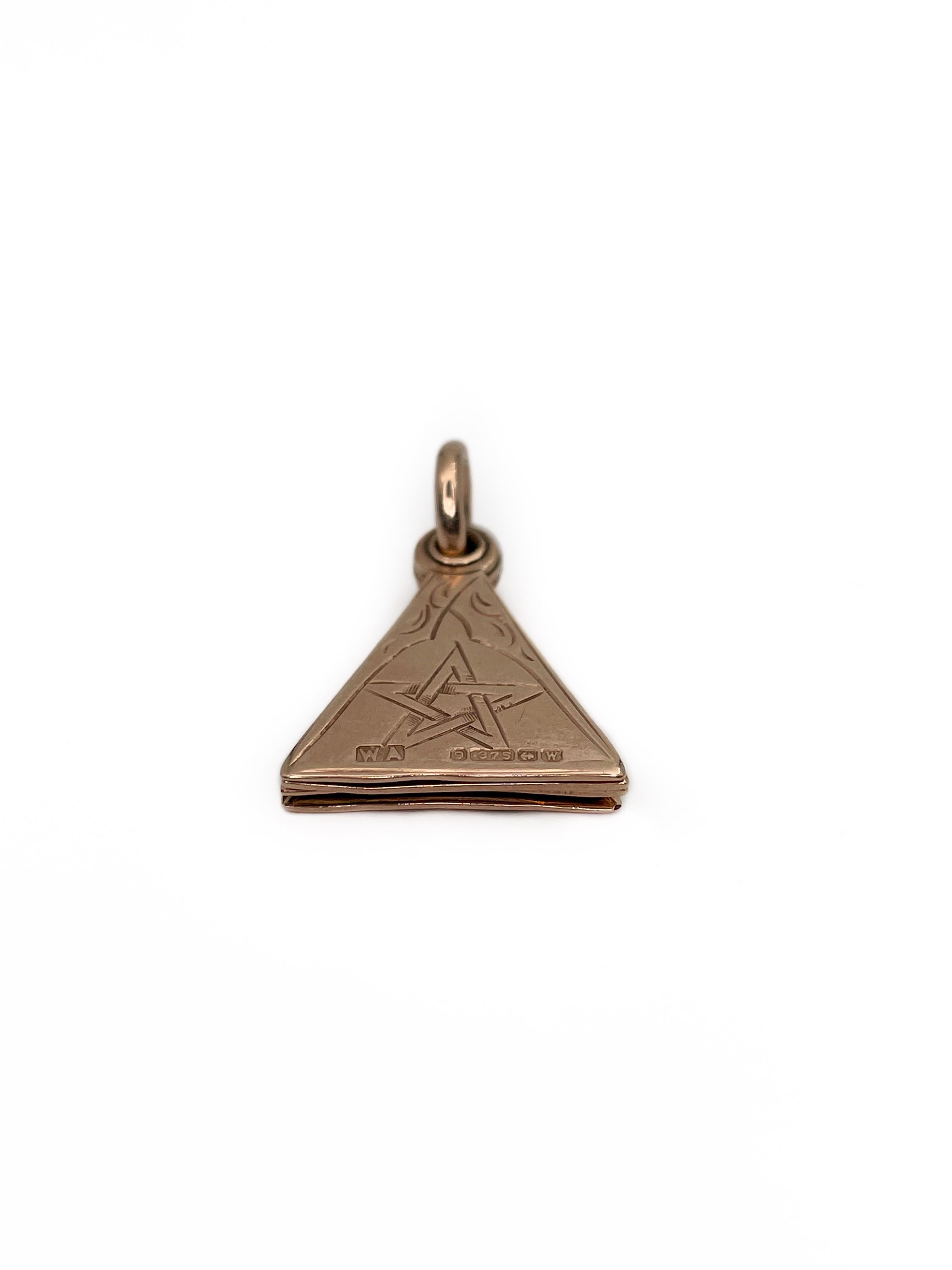 Women's or Men's Masonic 9K Gold Four Swivel Section Triangular Charm Pendant