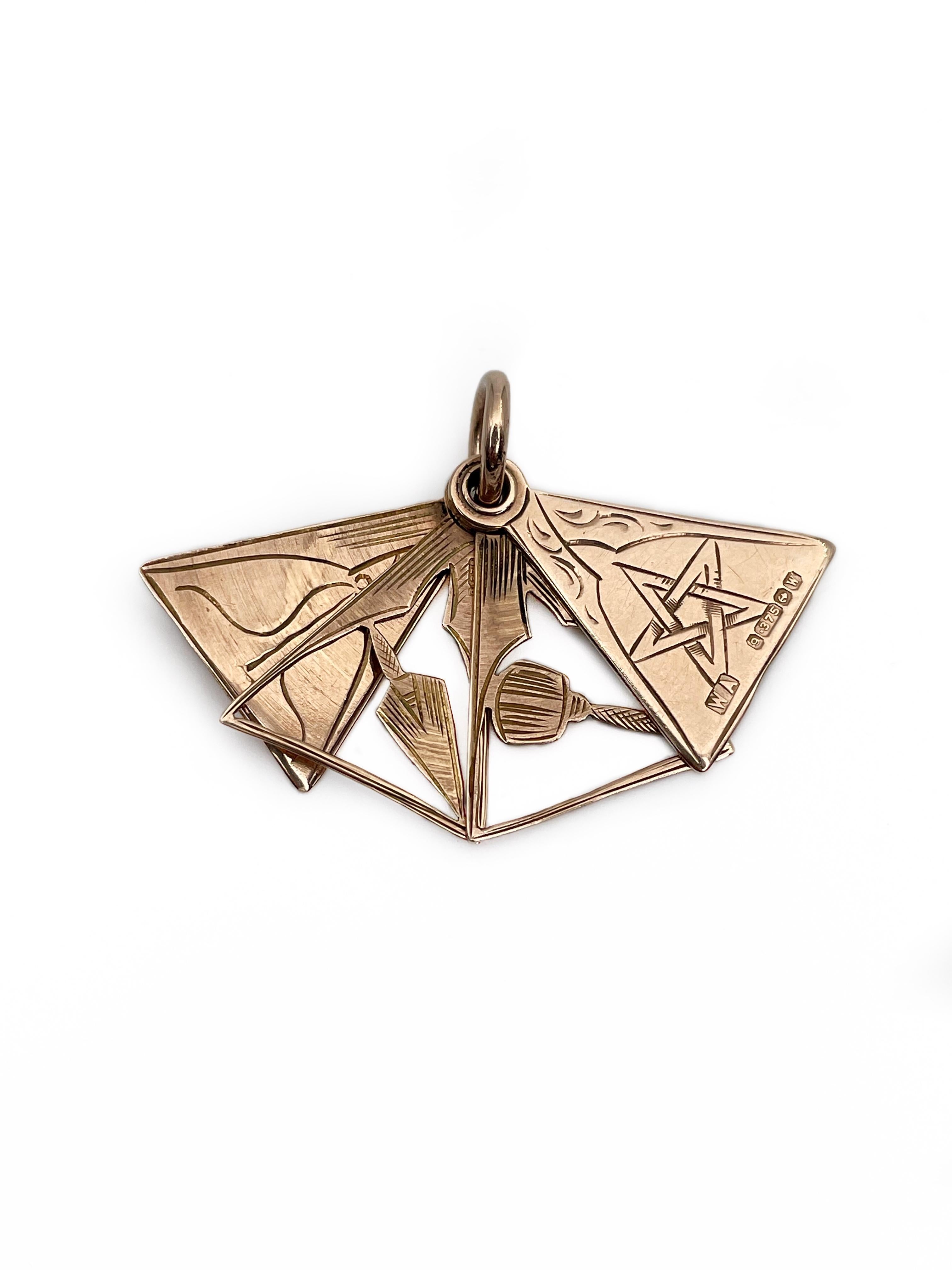 Masonic 9K Gold Four Swivel Section Triangular Charm Pendant 1