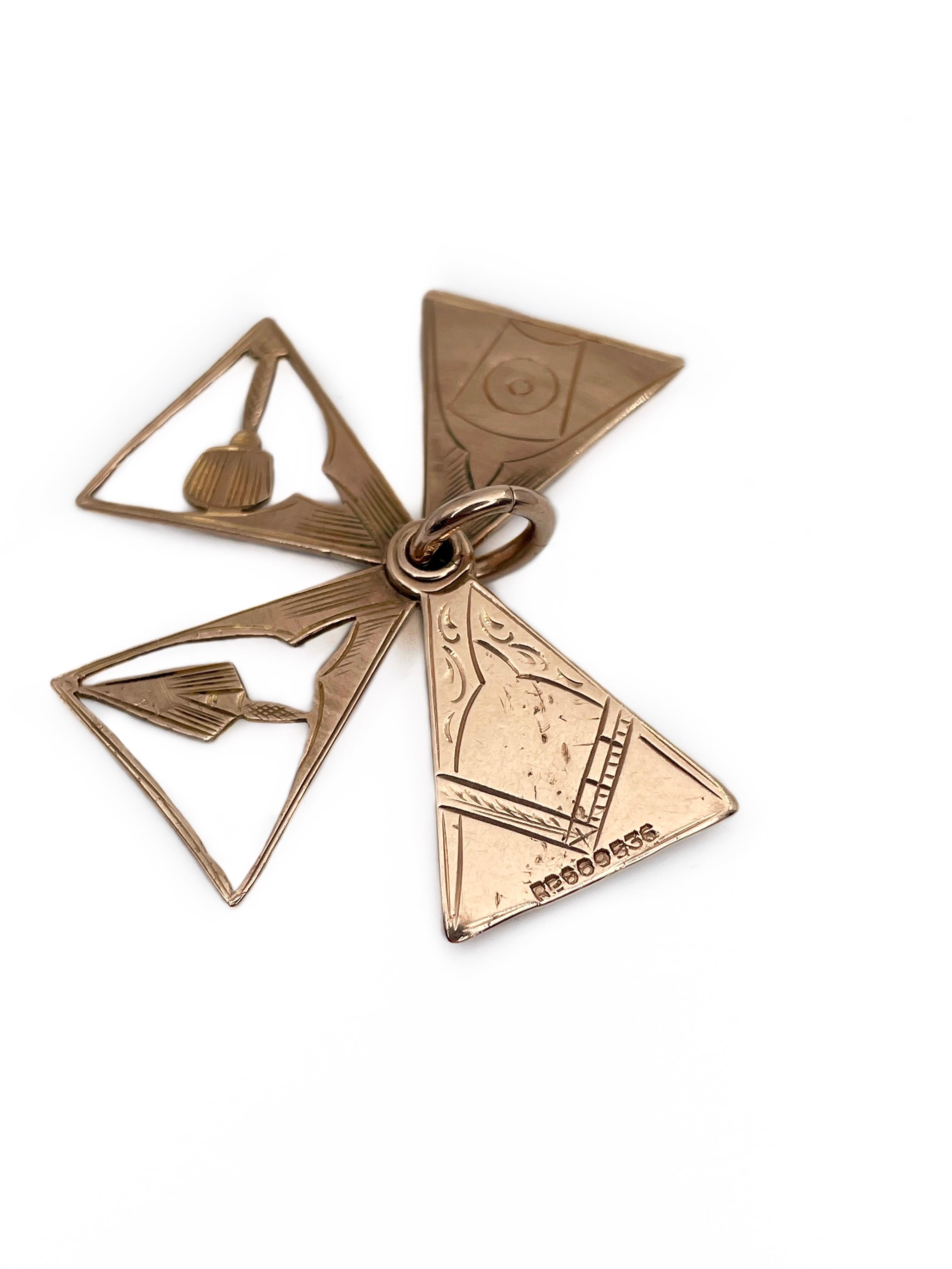 Masonic 9K Gold Four Swivel Section Triangular Charm Pendant 3