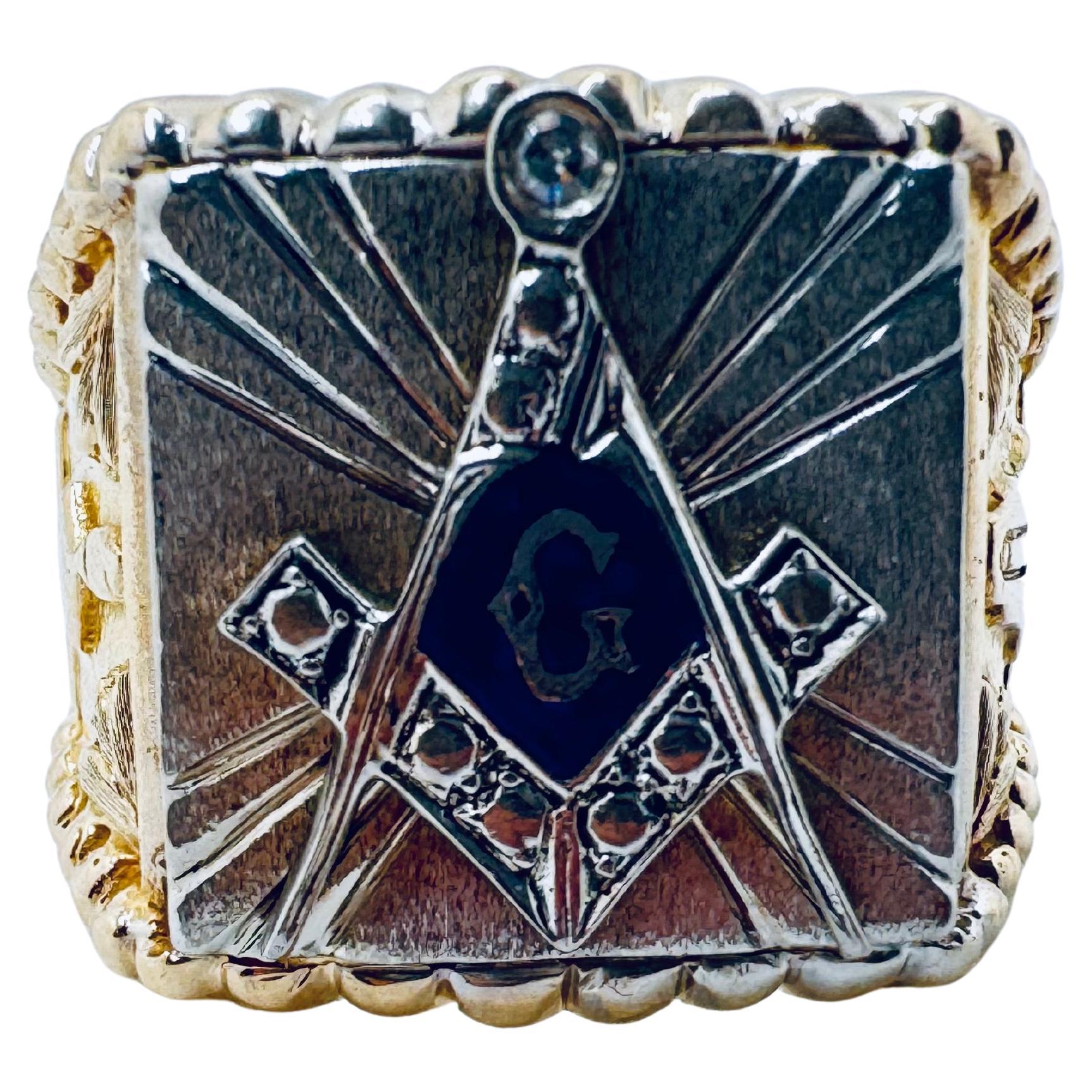Masonic Blue Lodge Diamond Signet Ring in Two-Tone Gold