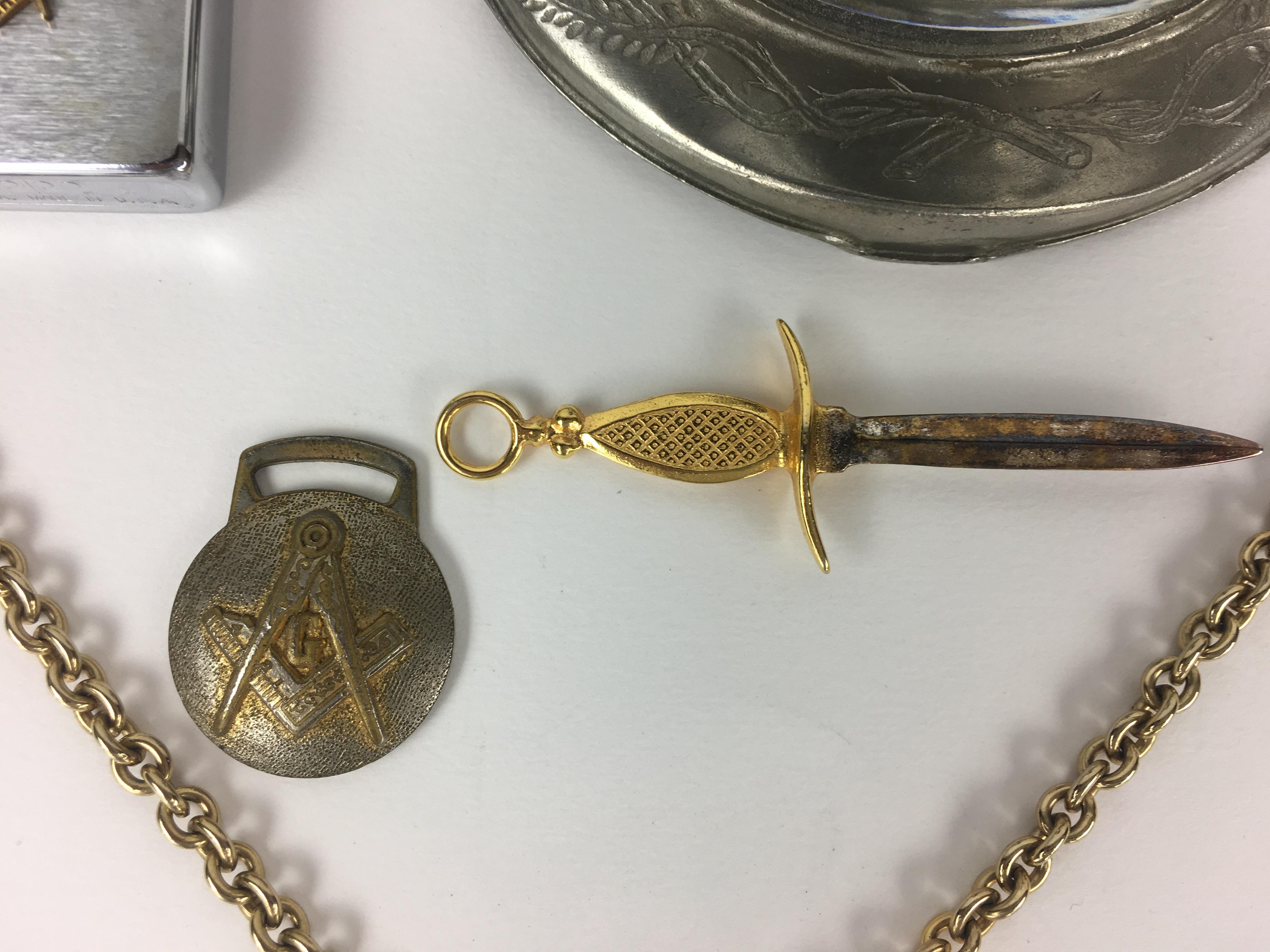 French Masonic Brass Enamel Chain, Pewter Inkwell, Cloth Regalia For Sale