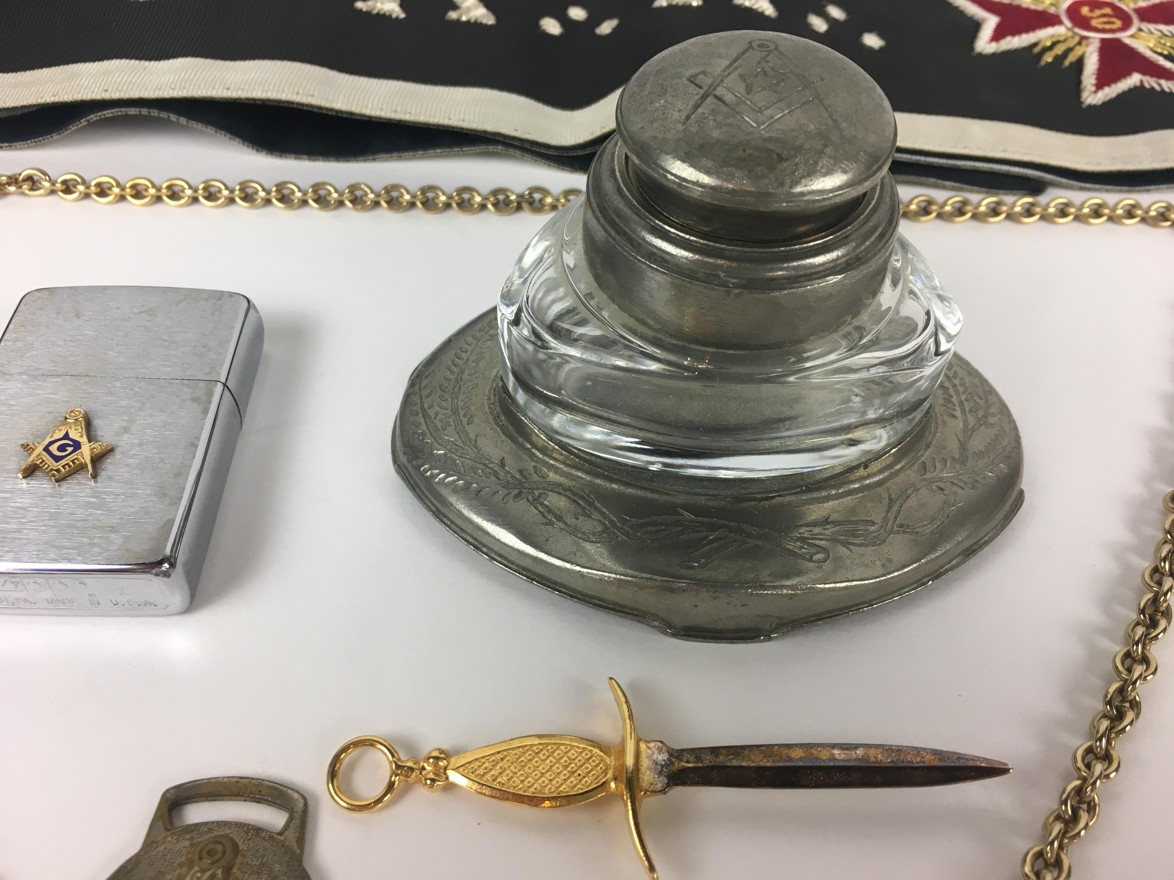 20th Century Masonic Brass Enamel Chain, Pewter Inkwell, Cloth Regalia For Sale