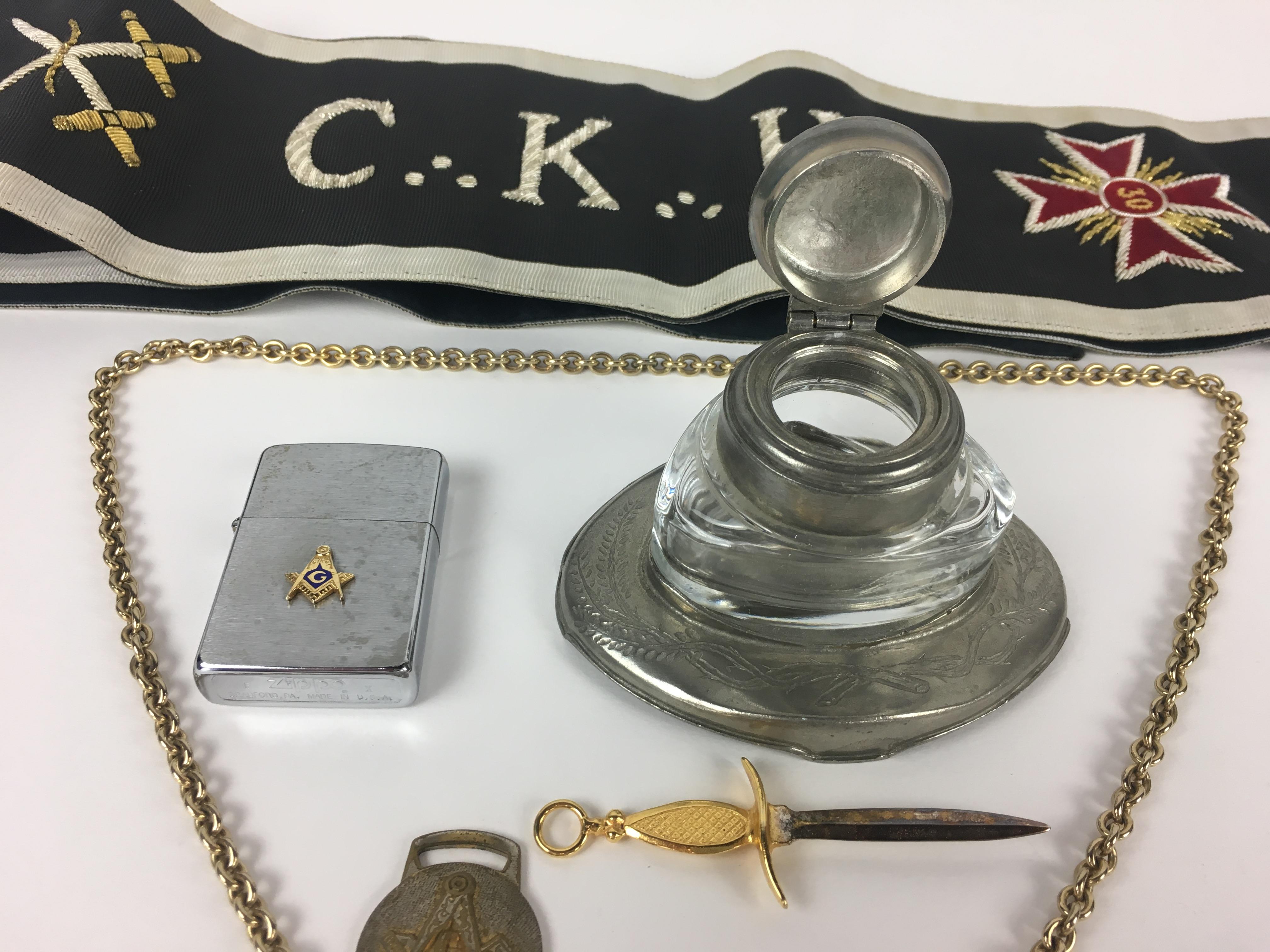 Gold Masonic Brass Enamel Chain, Pewter Inkwell, Cloth Regalia For Sale
