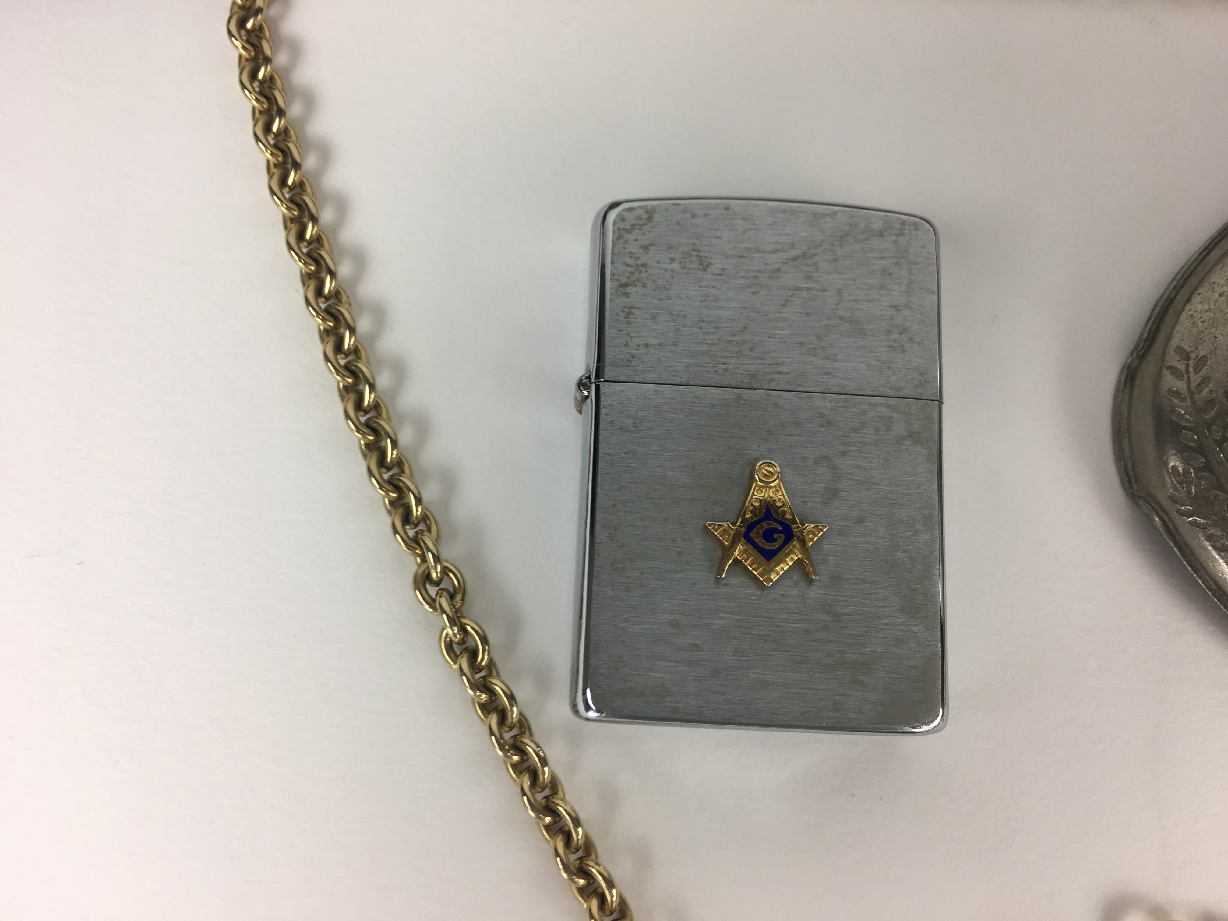 Masonic Brass Enamel Chain, Pewter Inkwell, Cloth Regalia For Sale 1