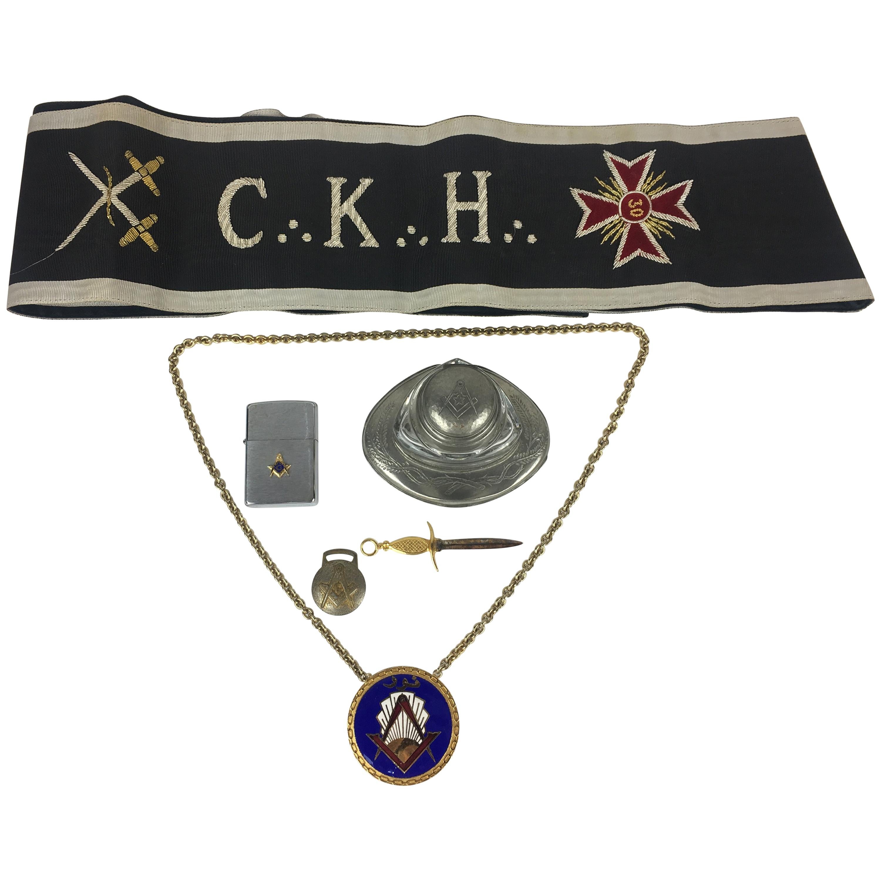 Masonic Brass Enamel Chain, Pewter Inkwell, Cloth Regalia