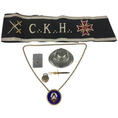 Vintage Masonic Brass Enamel Chain, Pewter Inkwell, Cloth Regalia