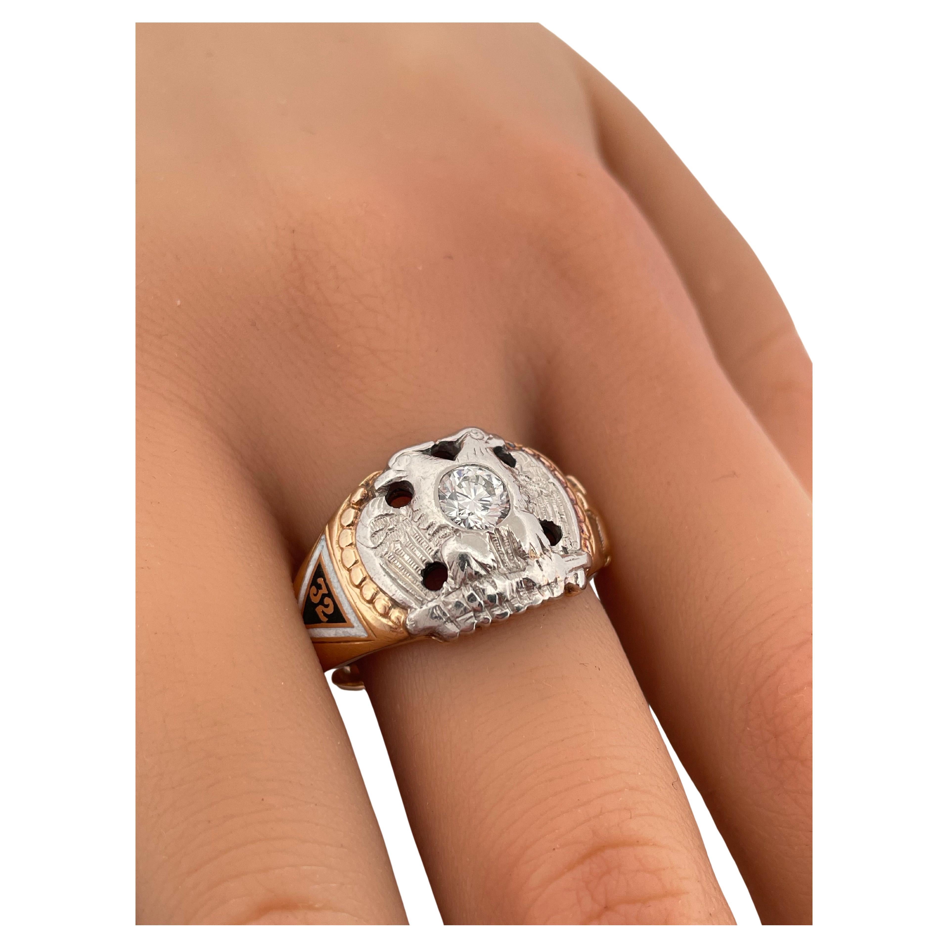 Masonic Double Eagle 0.38ctw Diamond Ring Set In 14K Gold & Platinum Face For Sale 1