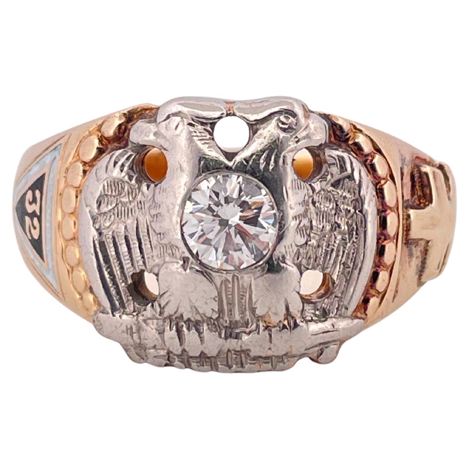 Masonic Double Eagle 0.38ctw Diamond Ring Set In 14K Gold & Platinum Face For Sale