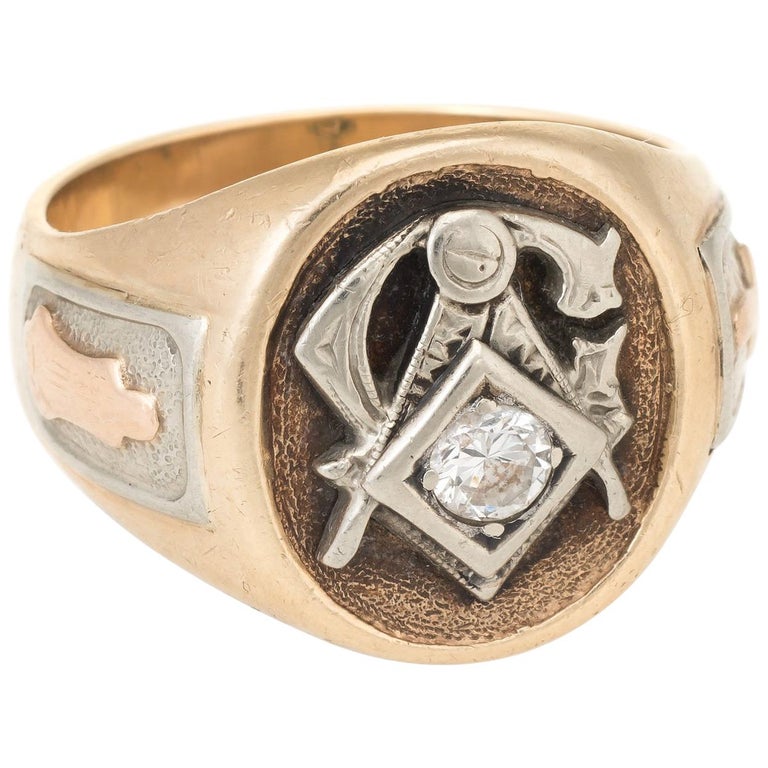 Masonic Lodge Diamond Ring Vintage 10 Karat Yellow Gold Fraternal