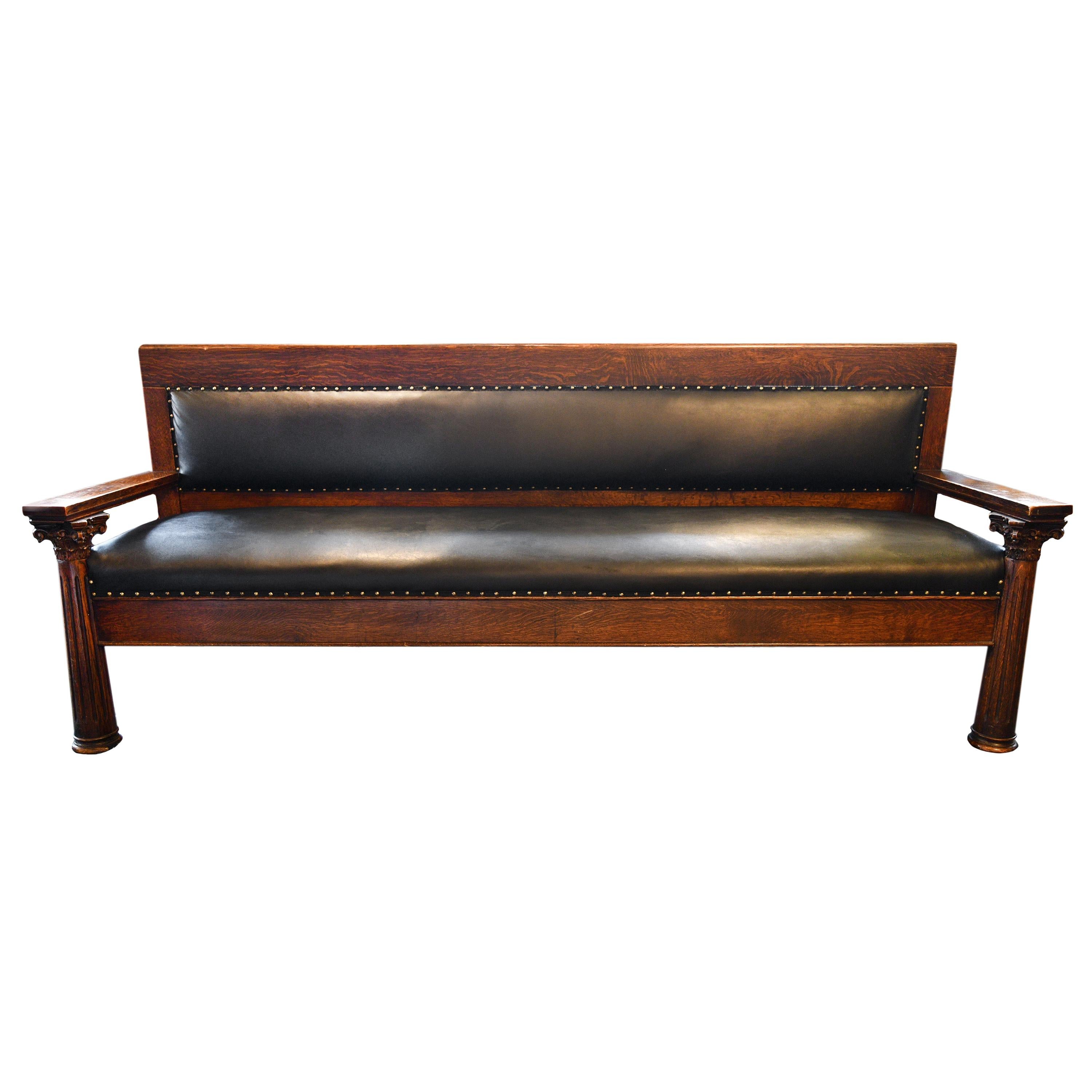 Masonic Lodge Hand Carved Oak Upholstered Bench with Columns
