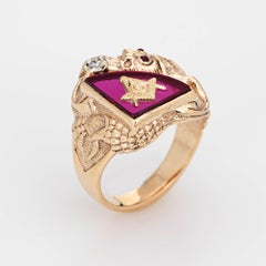 Masonic Lodge Ring Vintage 10k Yellow Gold Dragon Diamond Freemason Jewelry