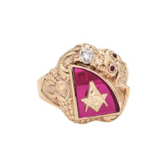 Masonic Lodge Ring Retro 10k Yellow Gold Dragon Diamond Freemason Jewelry