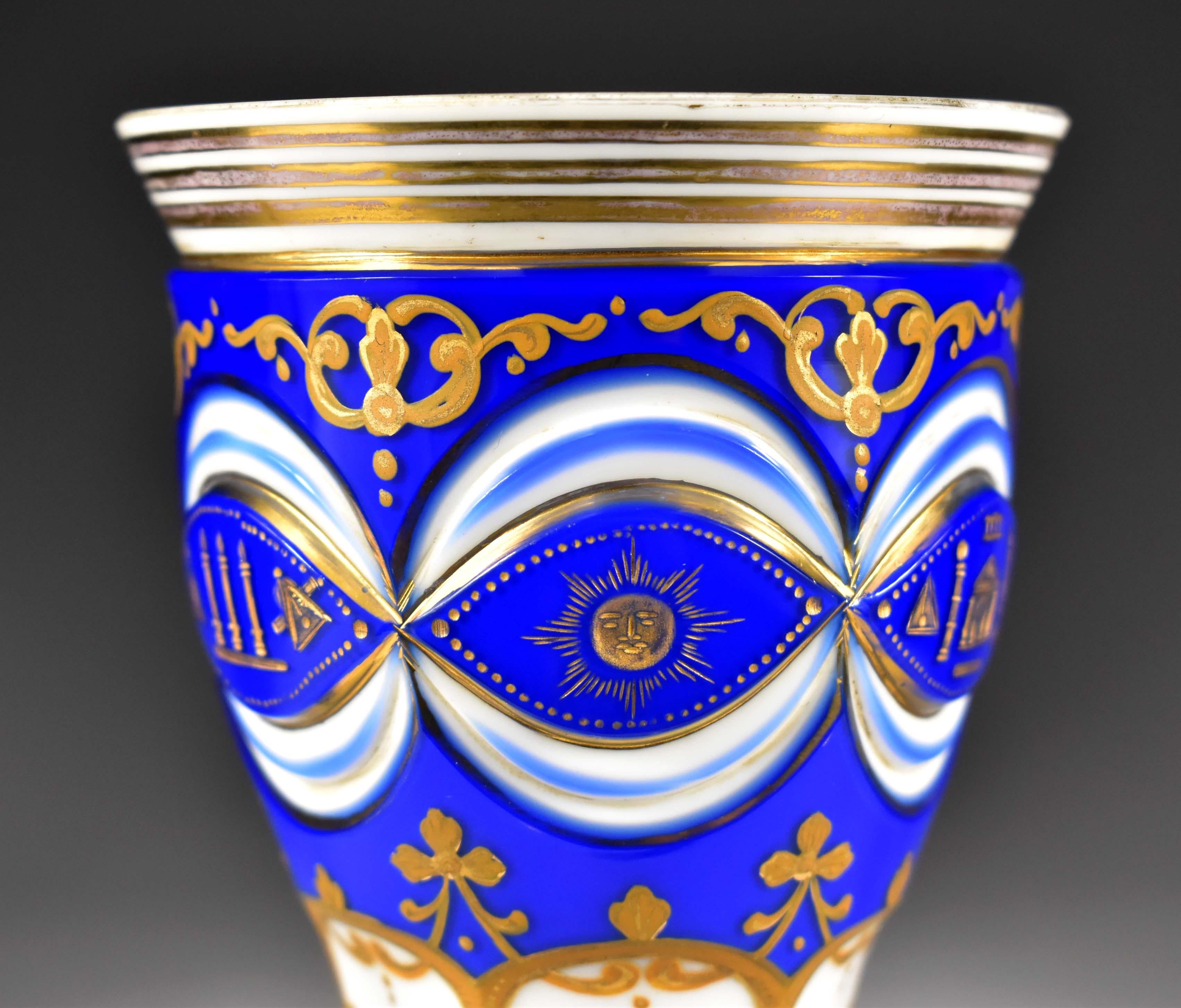 Masonic Overlay Goblet-opál and Cobalt Glass Engraved, Cut and Paint 19th Century 6