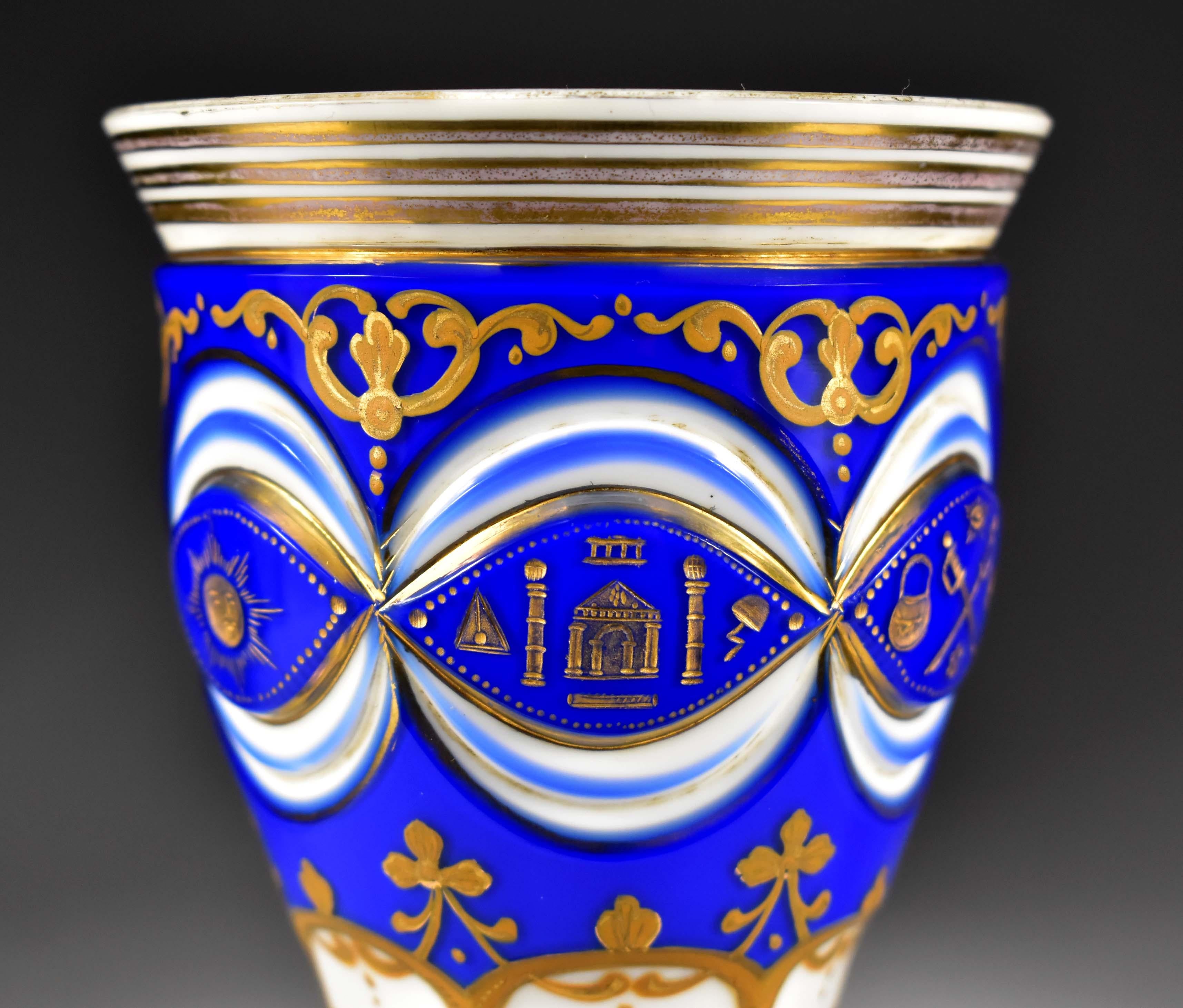 Masonic Overlay Goblet-opál and Cobalt Glass Engraved, Cut and Paint 19th Century 7