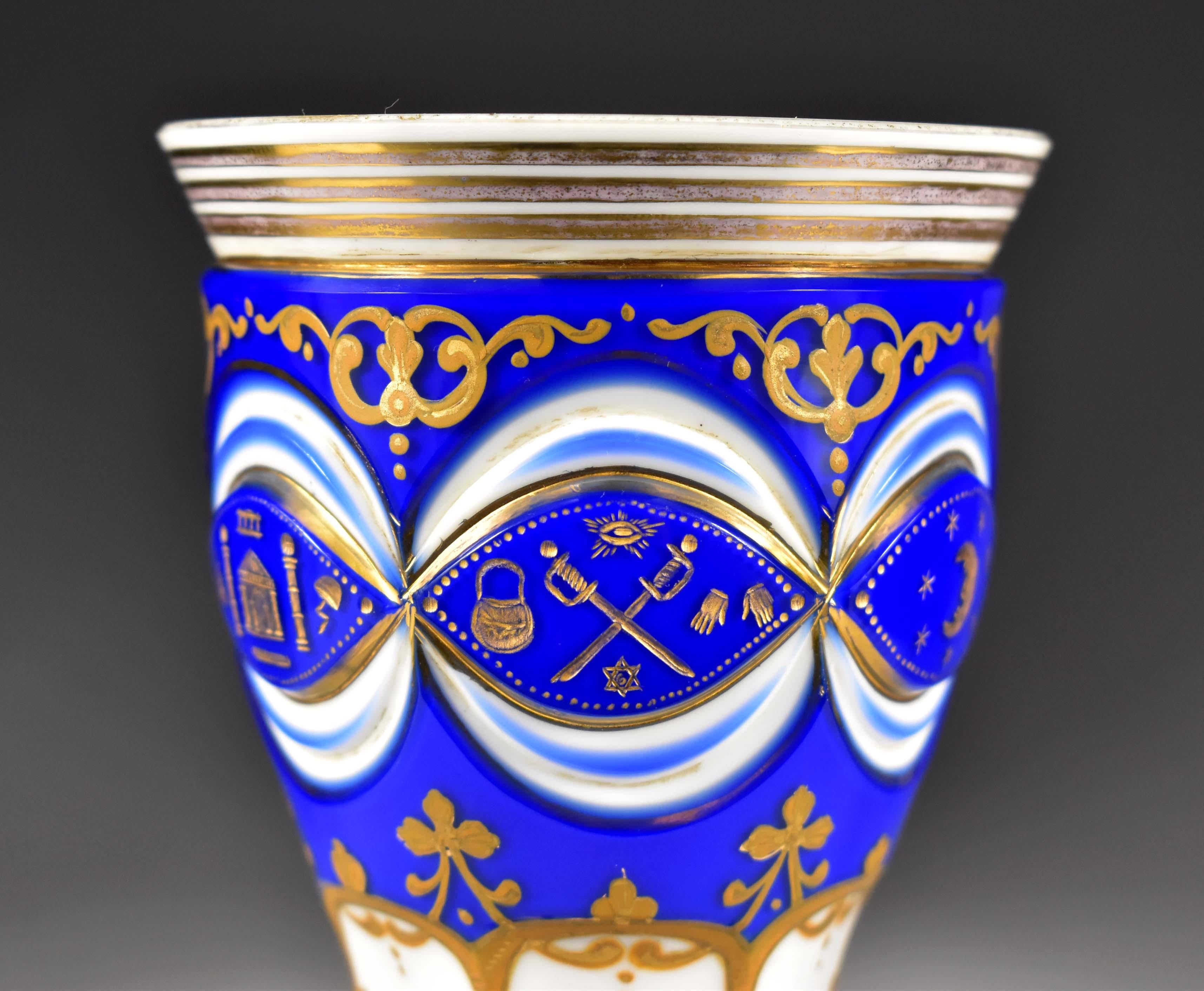 Masonic Overlay Goblet-opál and Cobalt Glass Engraved, Cut and Paint 19th Century 8