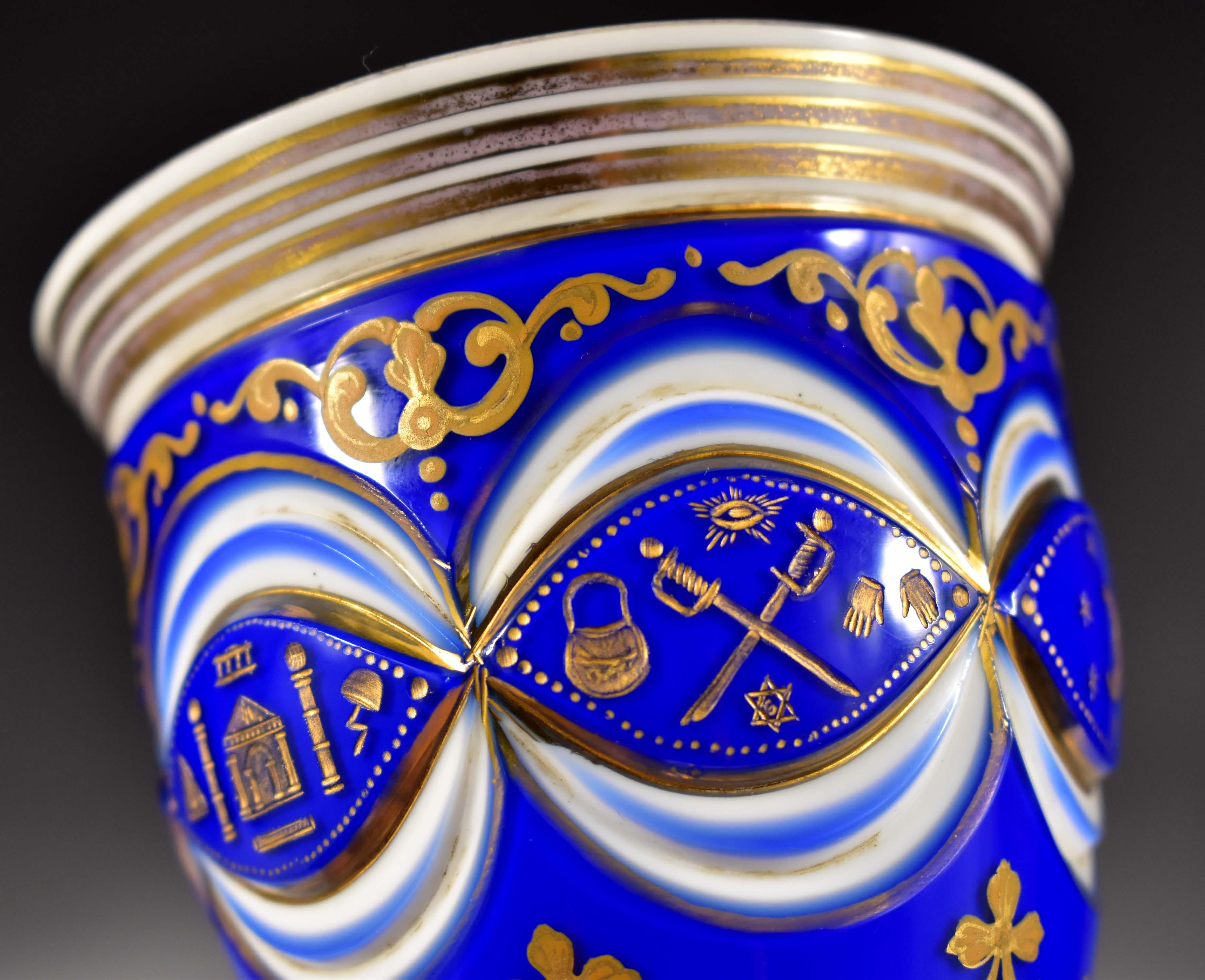 Masonic Overlay Goblet-opál and Cobalt Glass Engraved, Cut and Paint 19th Century 9