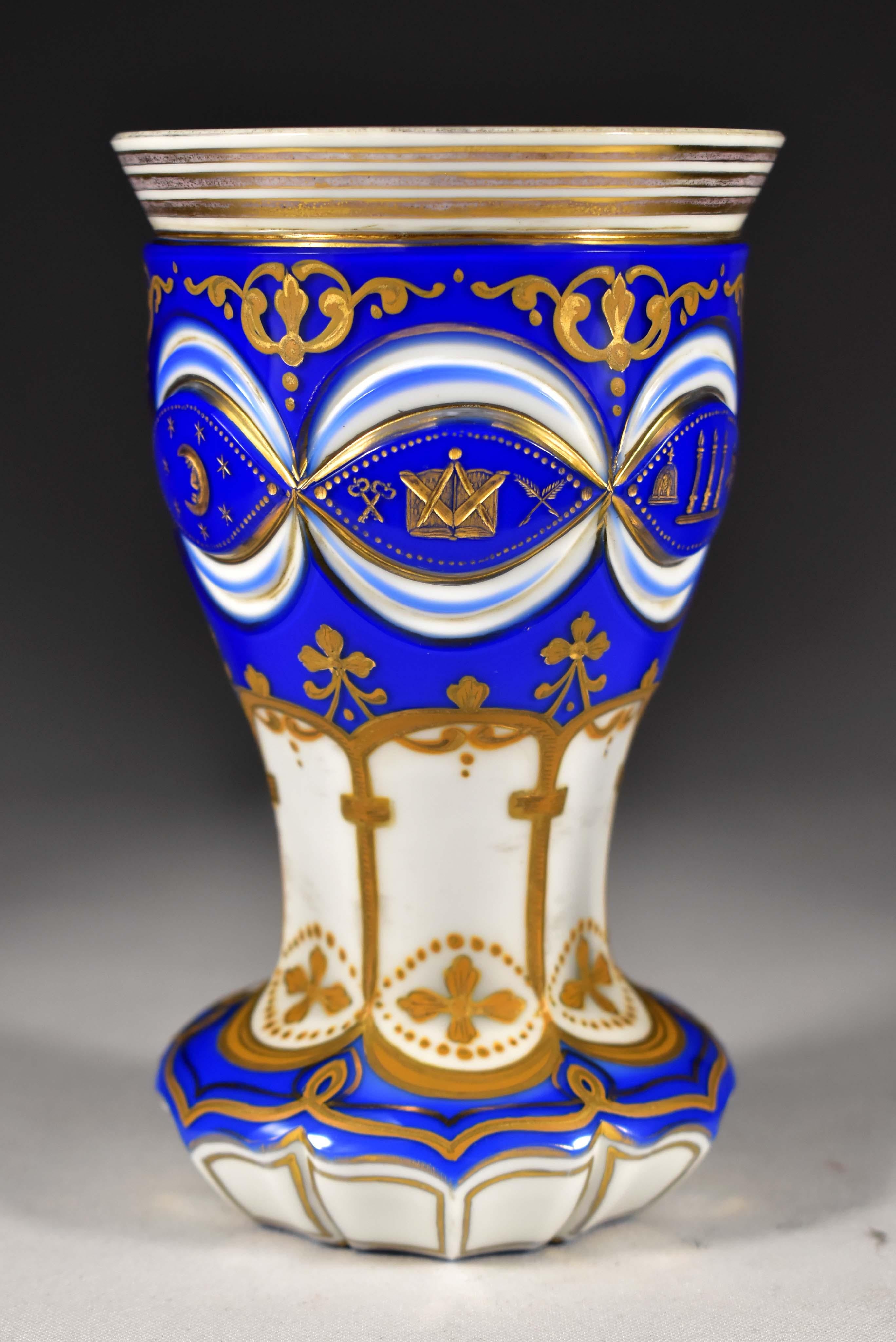Hand-Crafted Masonic Overlay Goblet-opál and Cobalt Glass Engraved, Cut and Paint 19th Century