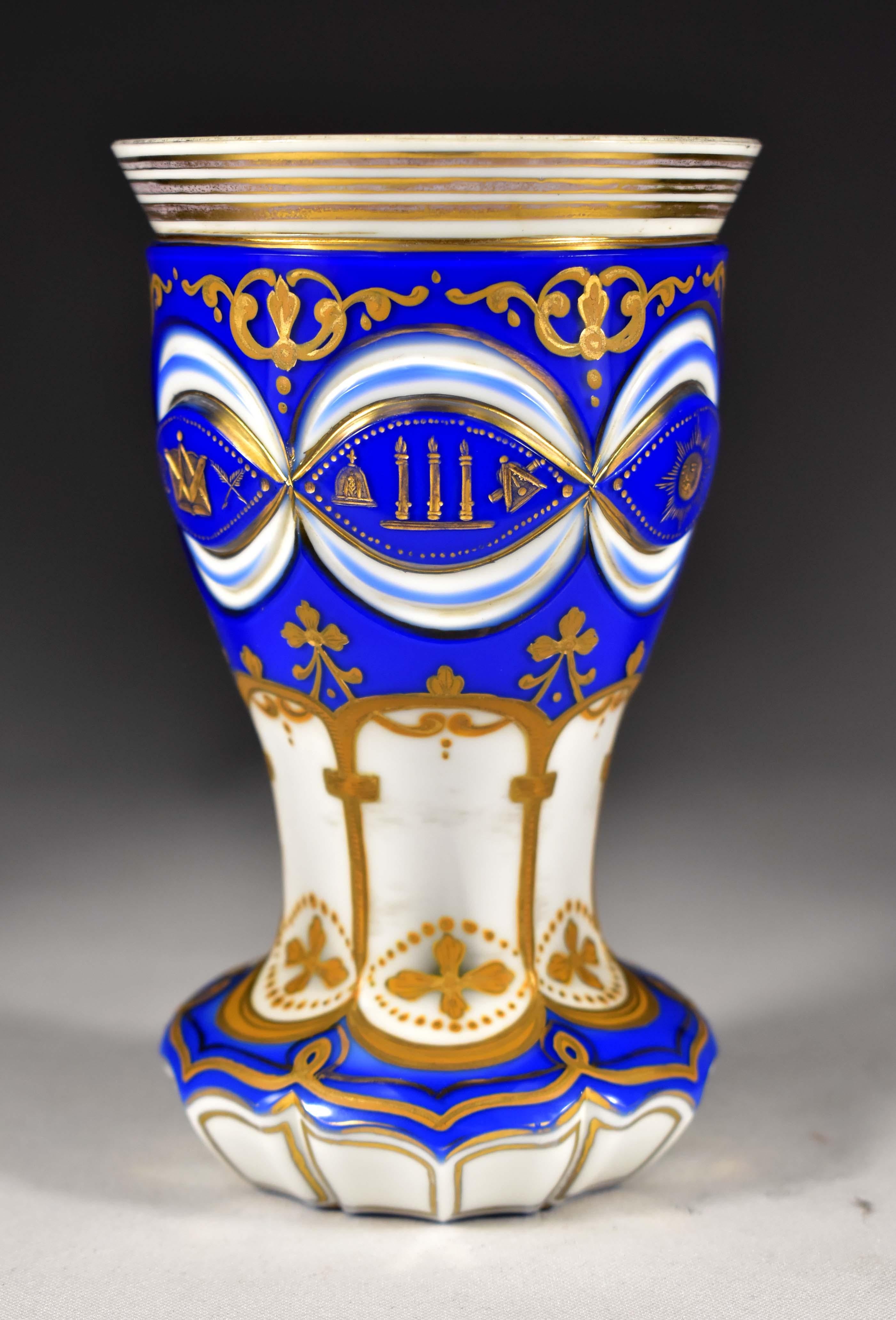 Masonic Overlay Goblet-opál and Cobalt Glass Engraved, Cut and Paint 19th Century In Good Condition In Nový Bor, CZ