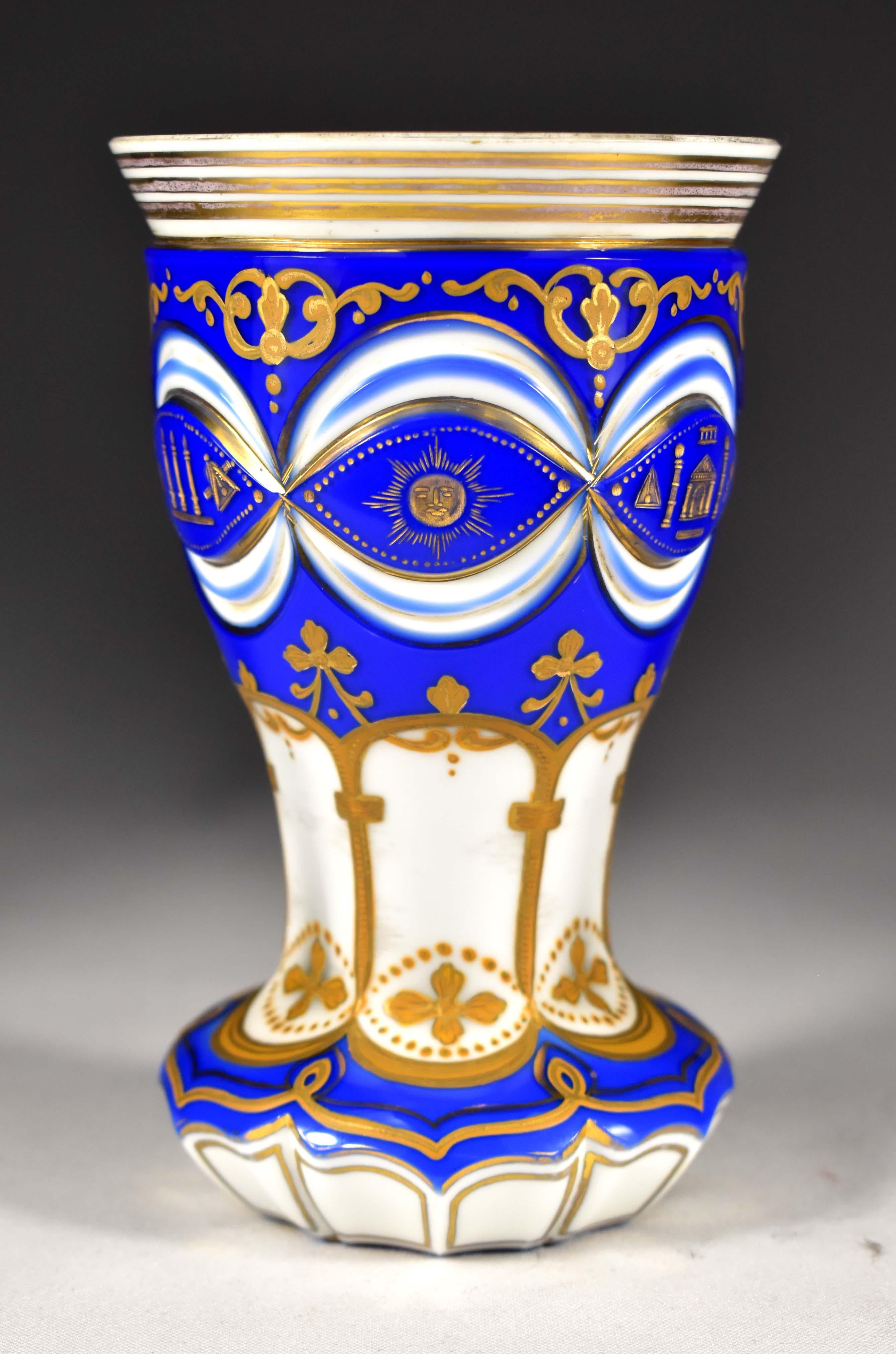 Masonic Overlay Goblet-opál and Cobalt Glass Engraved, Cut and Paint 19th Century 1
