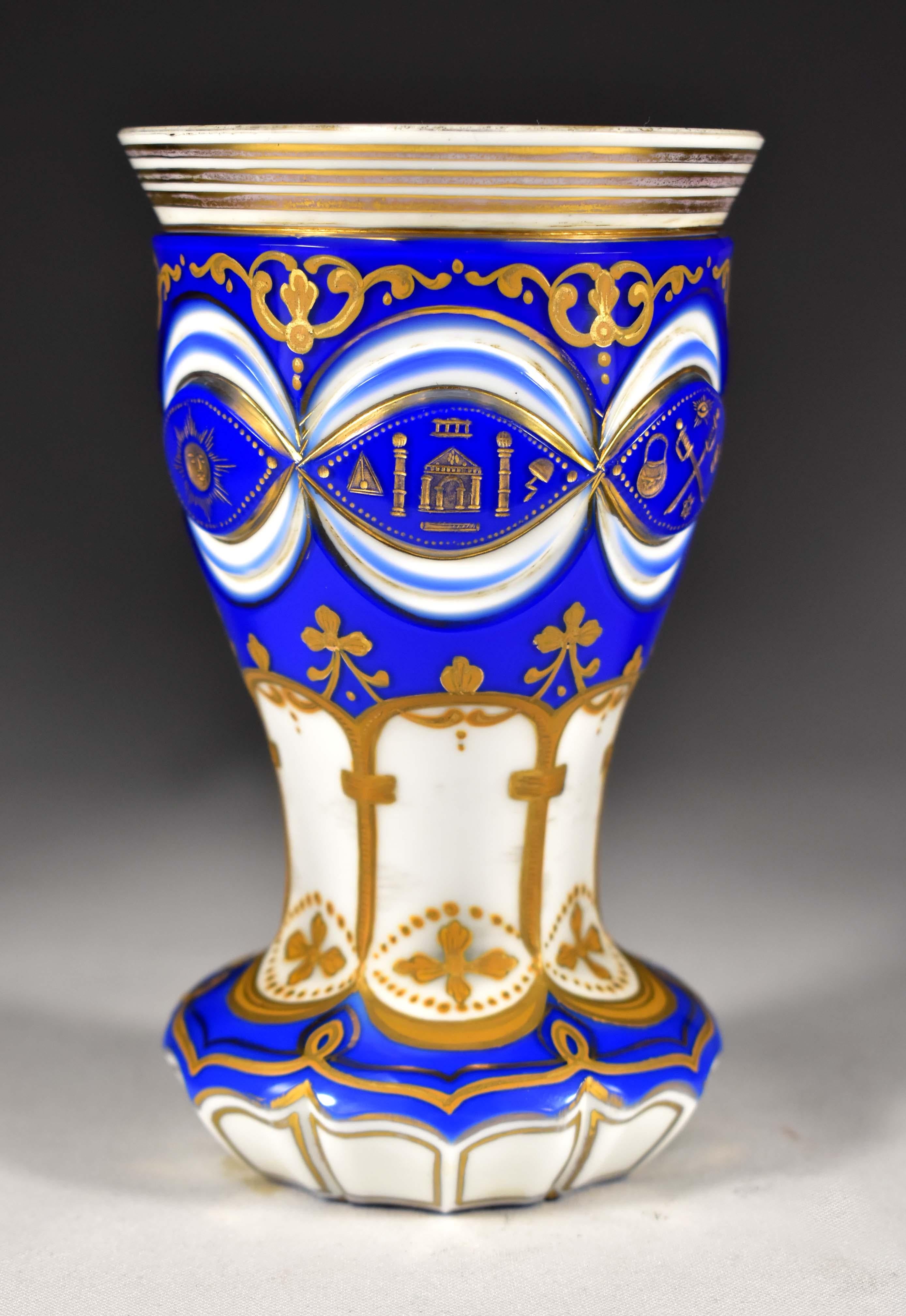 Masonic Overlay Goblet-opál and Cobalt Glass Engraved, Cut and Paint 19th Century 2