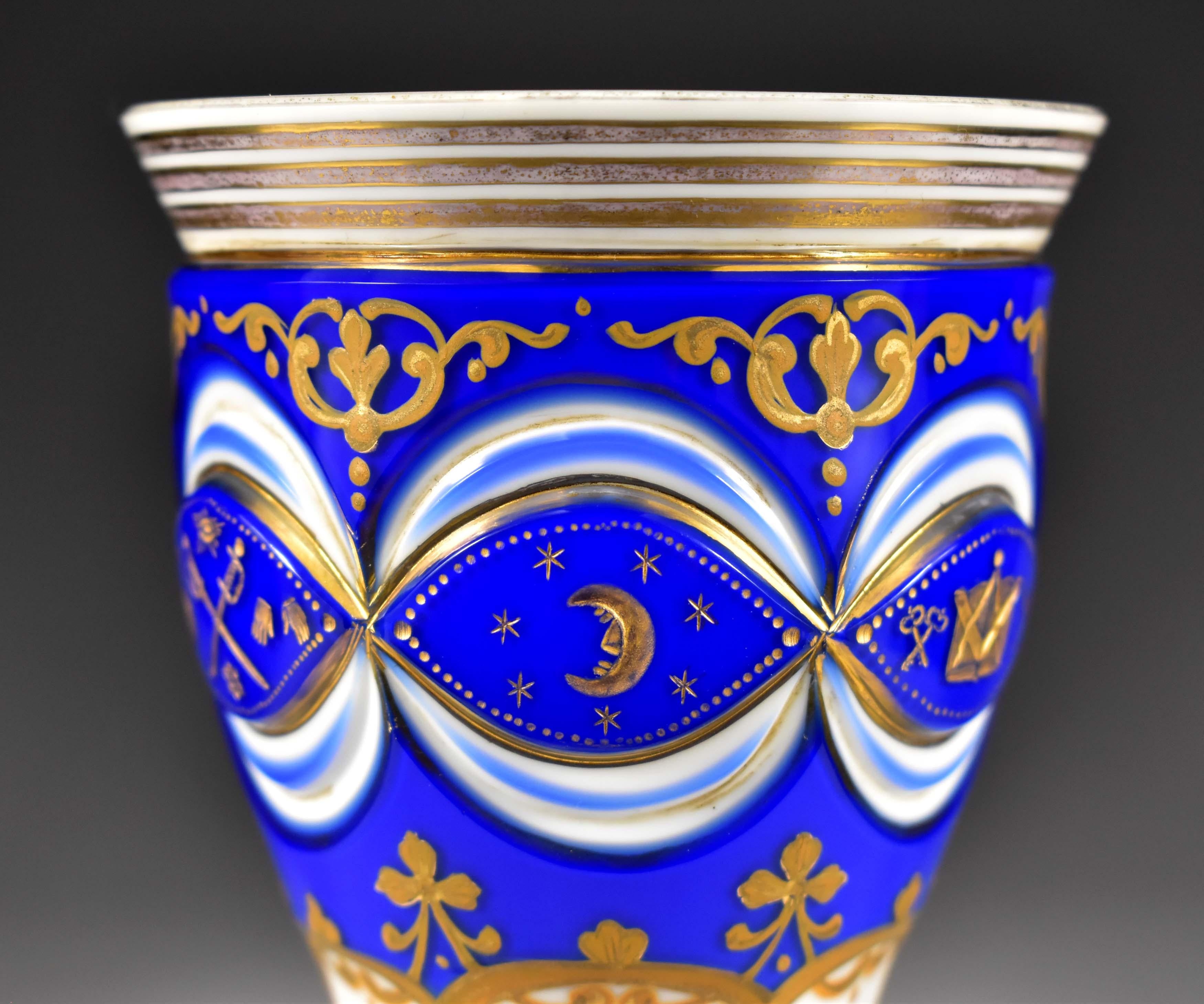 Masonic Overlay Goblet-opál and Cobalt Glass Engraved, Cut and Paint 19th Century 3