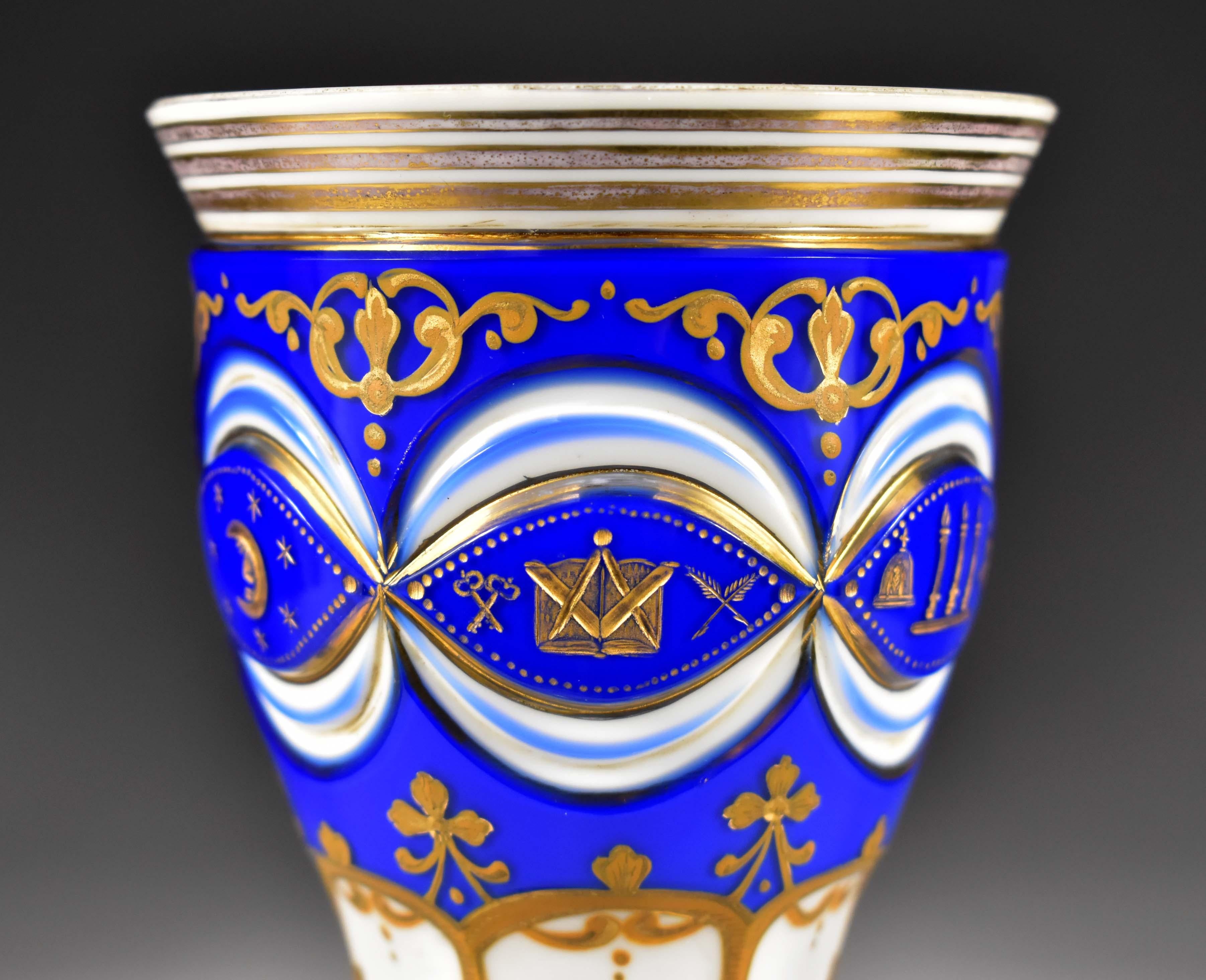 Masonic Overlay Goblet-opál and Cobalt Glass Engraved, Cut and Paint 19th Century 4