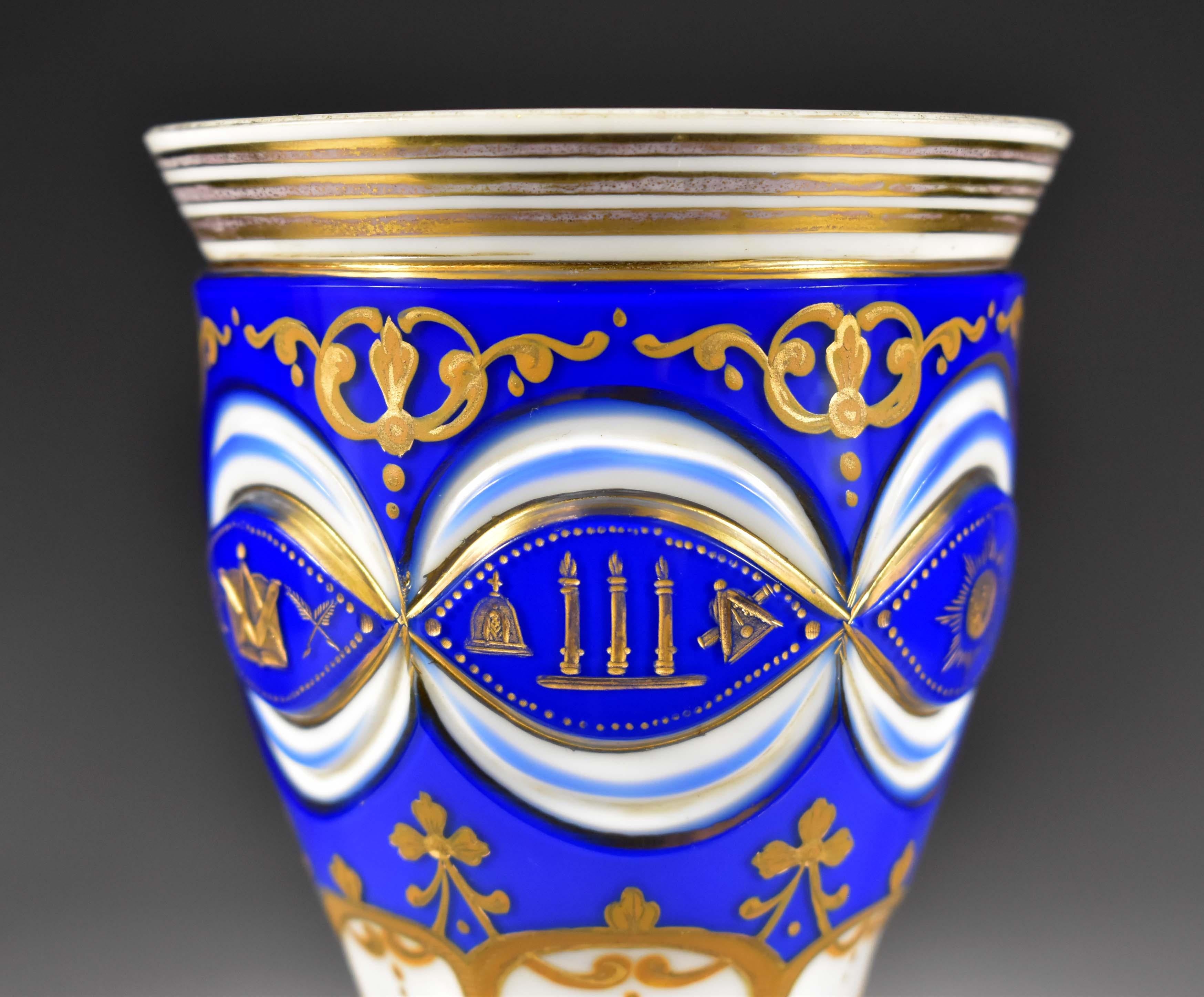 Masonic Overlay Goblet-opál and Cobalt Glass Engraved, Cut and Paint 19th Century 5