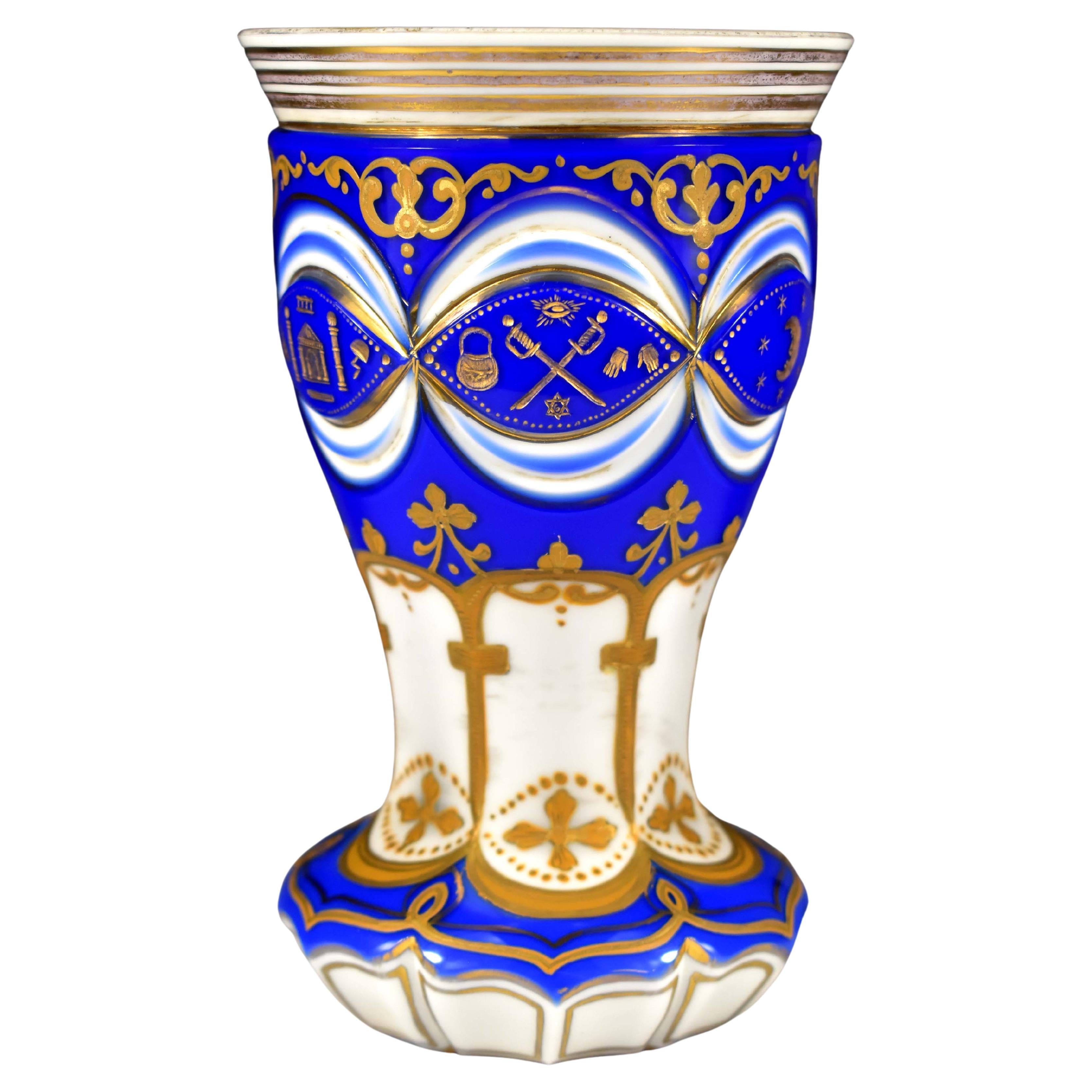 Masonic Overlay Goblet-opál and Cobalt Glass Engraved, Cut and Paint 19th Century